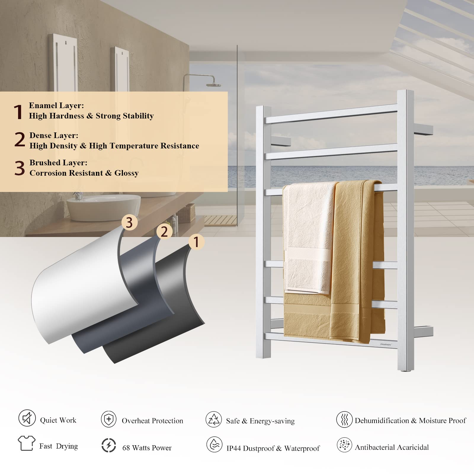 Premium Brushed Nickel Electric Towel Warmer - Wall Mounted Bathroom Heated Towel Rack, 6-Bar Stainless Steel Design (68W, 26.77x20.47x4.13 in) - Perfect for Spa-Like Bathroom Luxury & Quick Drying of Towels, Robes & Delicates