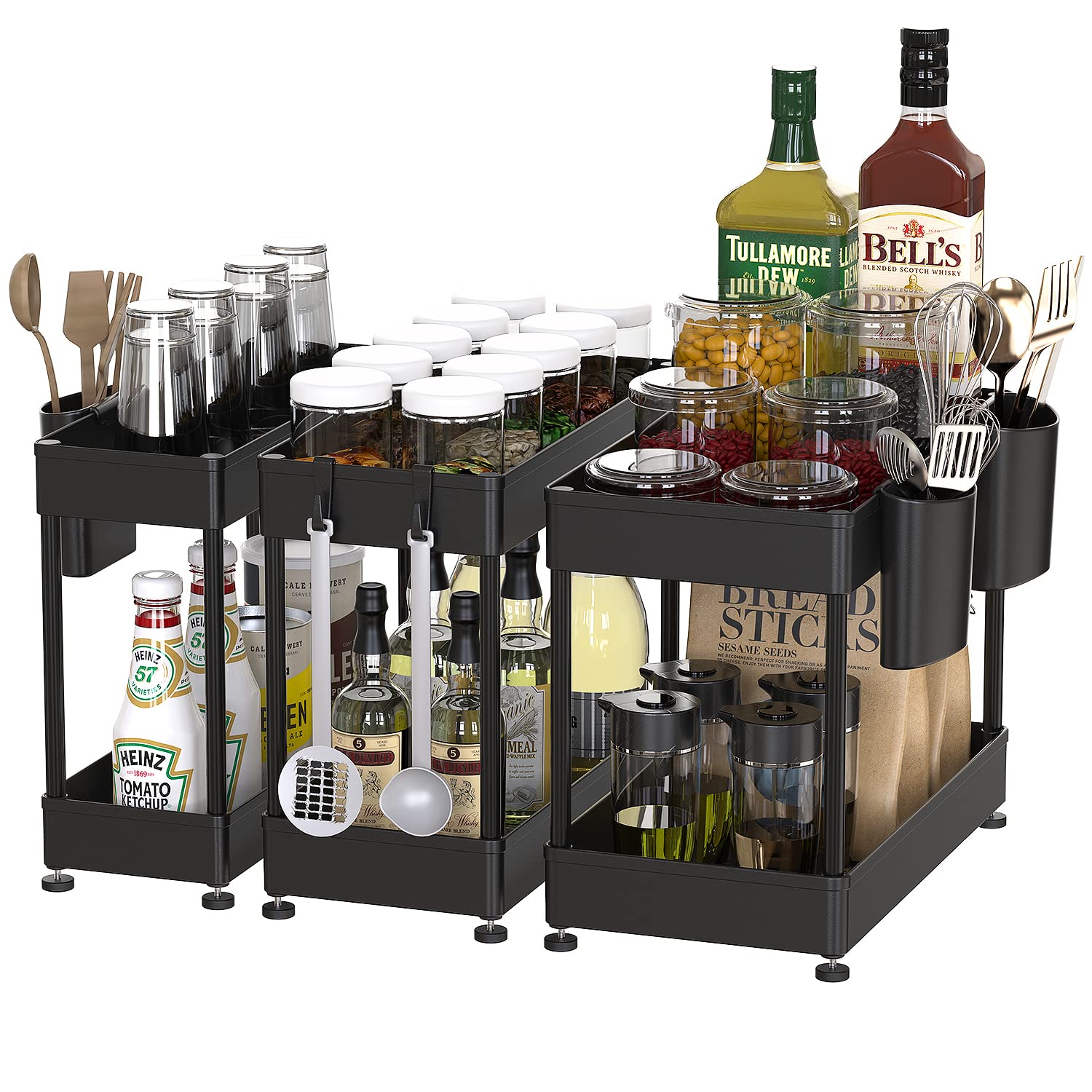 3 Pack Under Sink Organizers - 2 Tier Storage Shelf with 12 Hooks & 3 Cups, Durable ABS Material for Bathroom, Kitchen & Laundry Room - Space Saving Cabinet Organizer for Cleaning Supplies & Household Items