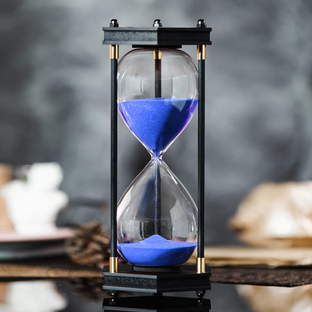 60 Minute Large Hourglass Timer - Decorative Hexagon Frame Sandglass with Blue Sand for Home Office, Meditation, and Kitchen Use