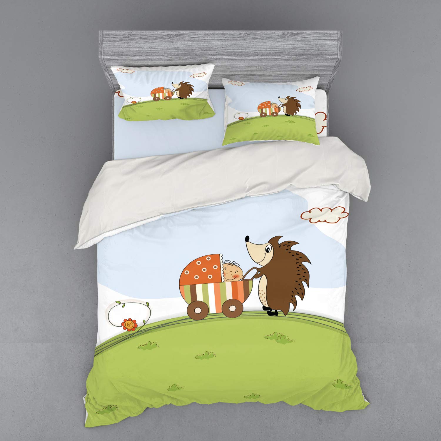 Ambesonne Funny Hedgehog Pushing Stroller Duvet Cover Set - 3 Piece Queen Size Bedding with Sham & Fitted Sheet in Green Pale Blue - Perfect for Kids' Rooms, Nursery Decor & Whimsical Home Design