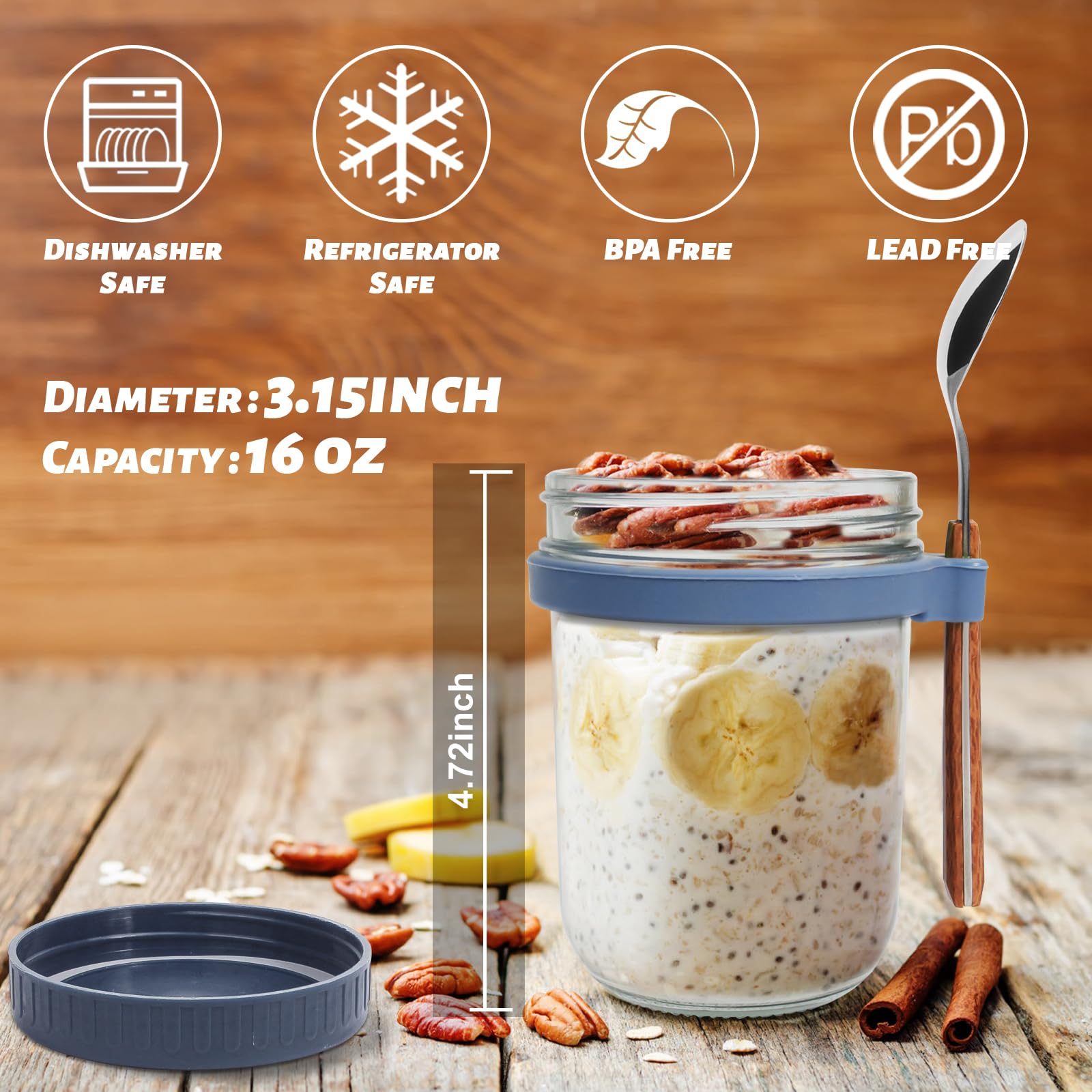 6 Pack 16 oz Glass Overnight Oats Containers with Lids & Spoons - Large Airtight Storage Jars for Yogurt, Milk, Cereal & Meal Prep - Perfect for Breakfast On-The-Go, Office Lunch & Healthy Snacks