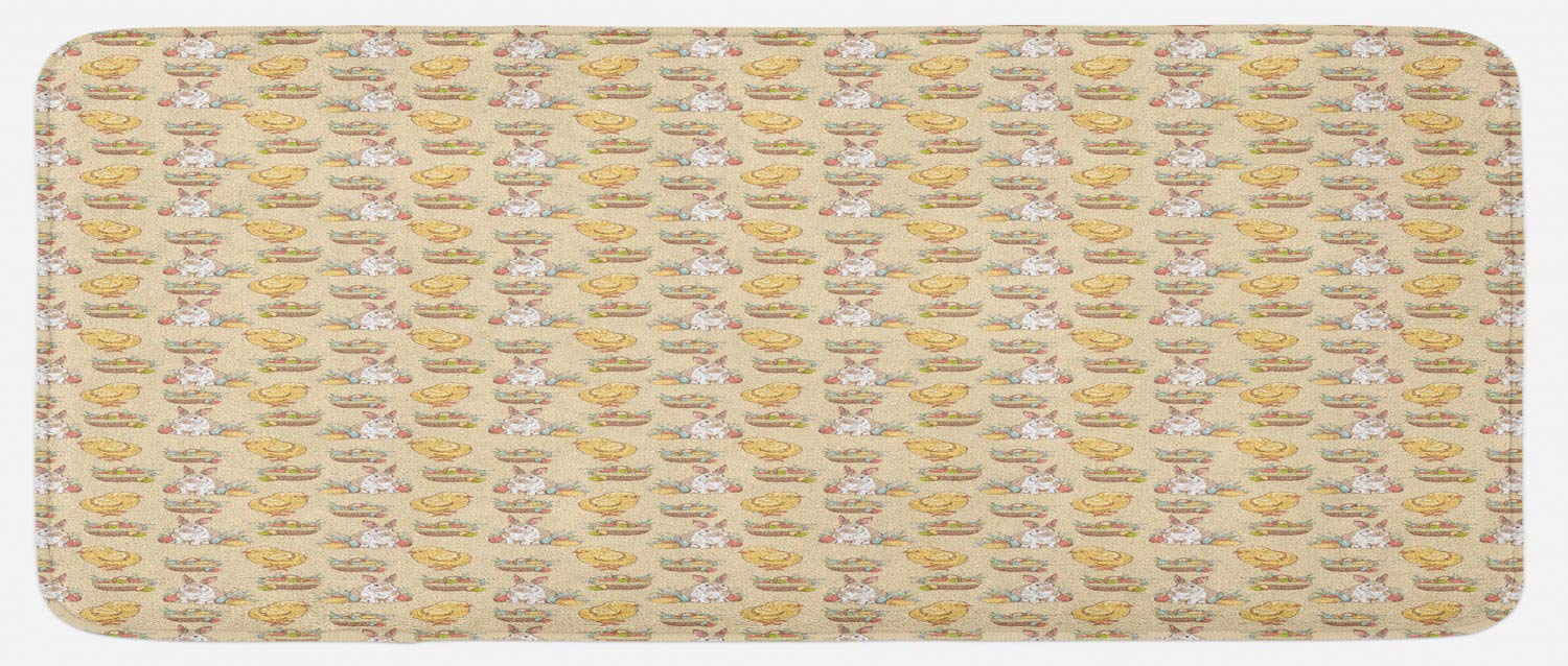 Ambesonne Easter Kitchen Mat - Vintage Hand Drawn Chicken Rabbit Basket Eggs Design - Non-Slip Plush Decorative Rug 47x19 Inch - Perfect for Spring Kitchen Decor & Easter Home Decoration