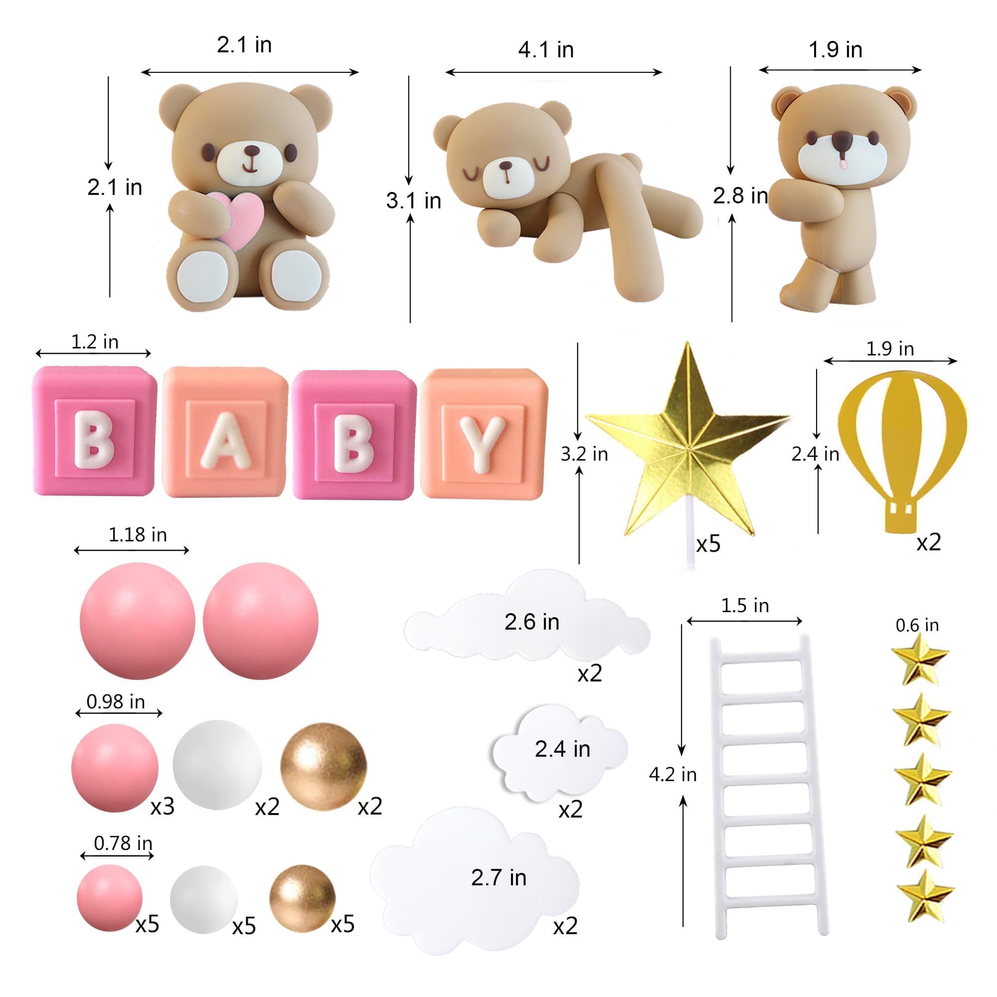 Bear Cake Toppers - Adorable Bear Ball Cake Decorations with BABY Letters for Baby Shower, Birthday Party, Gender Reveal (Pink) - Perfect for Baby Boy/Girl Celebrations, Cupcake Toppers, and Nursery Theme Parties