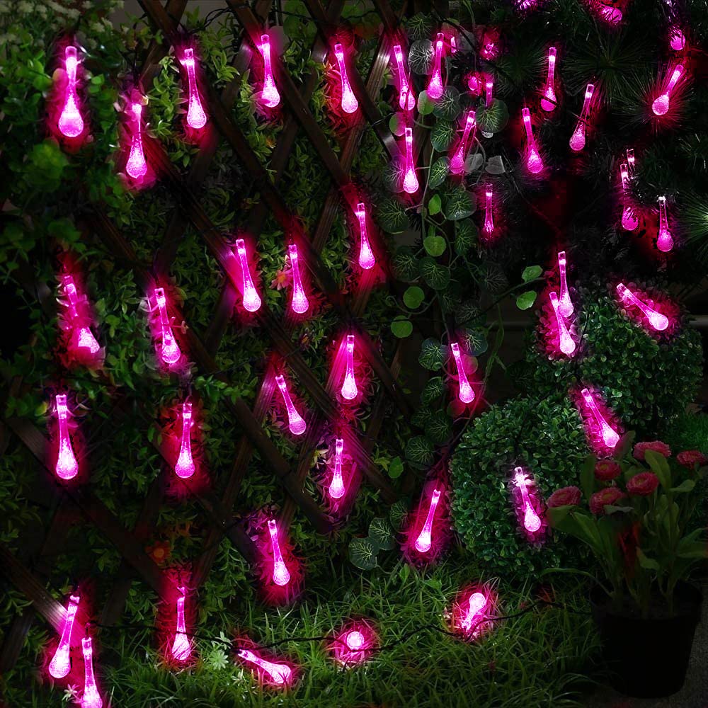 WONFAST 20ft 30LED Solar Outdoor String Lights - Waterproof Crystal Water Drop Fairy Lights for Garden, Patio, Wedding & Christmas Decor (Pink) | Solar Powered Party Lights for Outdoor Decoration & Festive Events