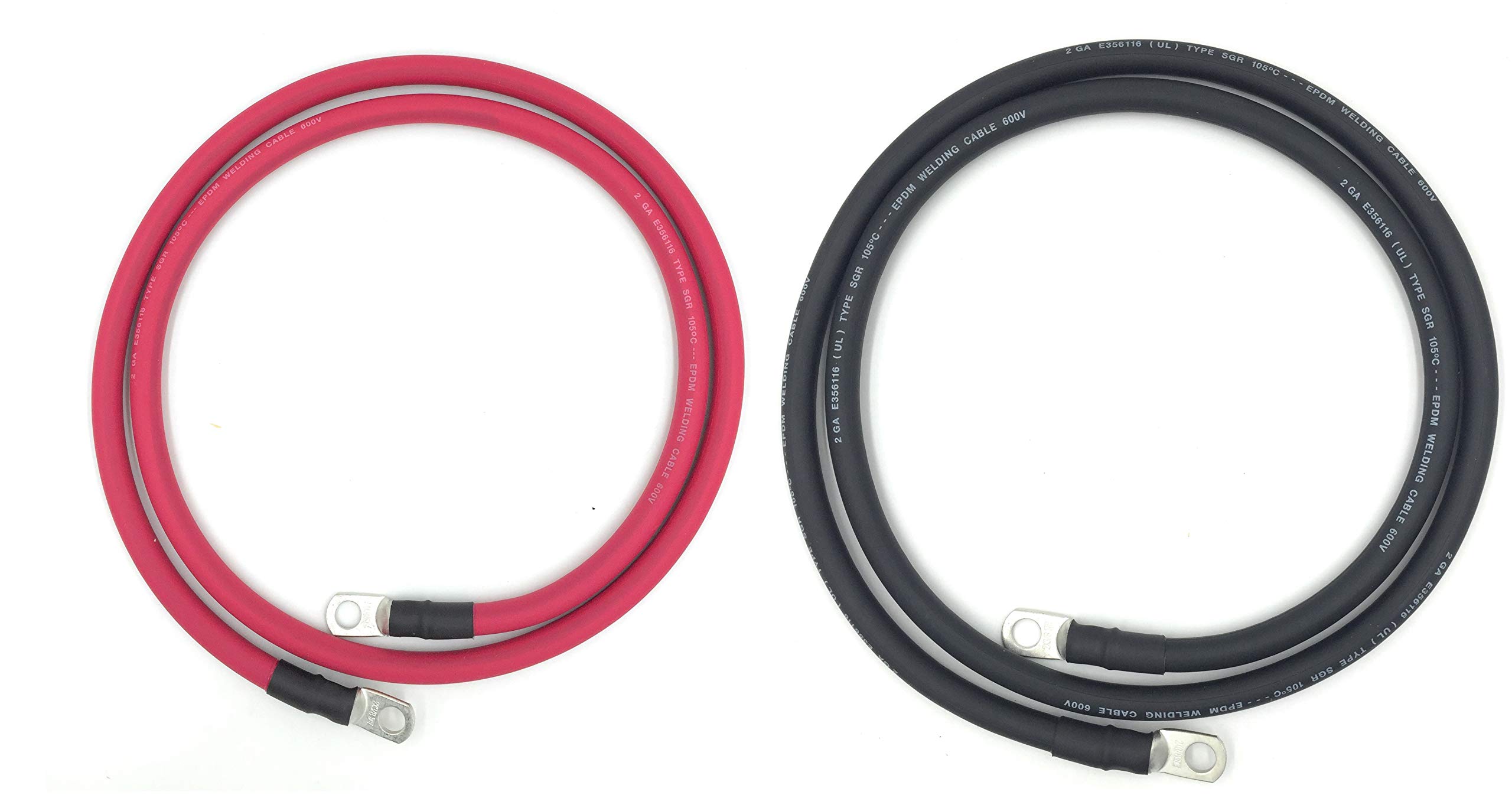 2 AWG Gauge Ultraflex EPDM Fully Assembled Battery Cables - USA Made Positive/Negative Welding Cables for Solar Inverters, Cars, Trucks, RVs & Campers (5ft Red/Black Set with 3/8