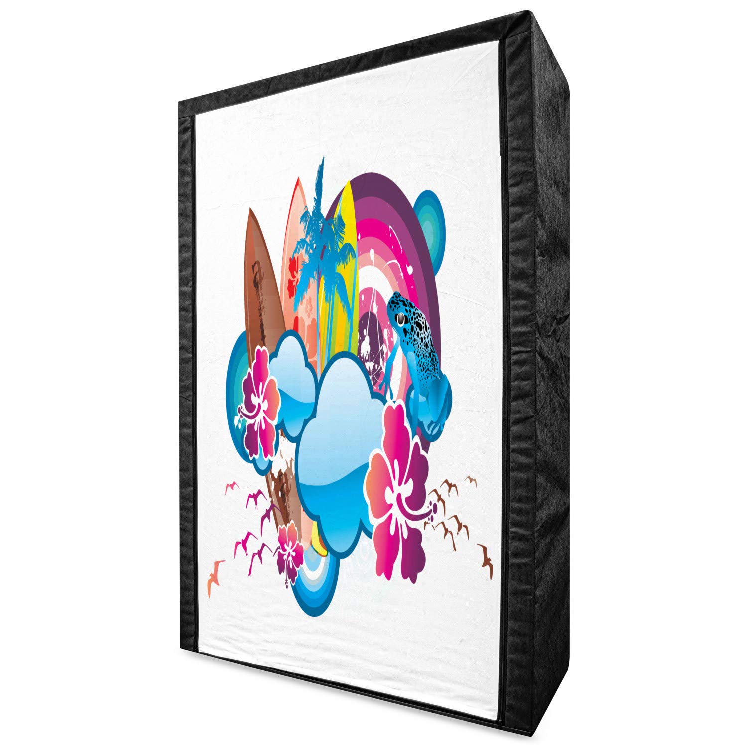 Ambesonne Summer Portable Fabric Wardrobe - Cartoon Print Beach Theme with Surfing Boat, Waves, Flowers & Frogs Art - 42.5
