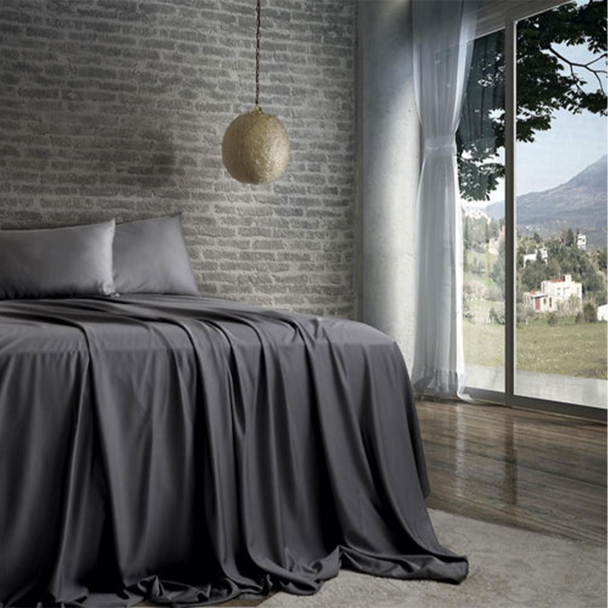 Sleepgram Viscose Fiber Queen Size Sheet Set - 4 Piece Bedding with Flat Sheet, Fitted Sheet & 2 Pillowcases - Breathable & Soft for Comfortable Sleep - Grey Stone - Perfect for Master Bedroom, Guest Room & Vacation Homes
