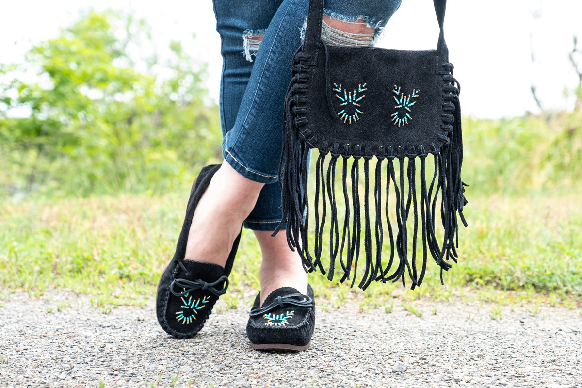 Women's Black Beaded Moccasins with Comfortable Rubber Sole - Stylish Slip-On Shoes for Casual Wear, Home & Outdoor Use