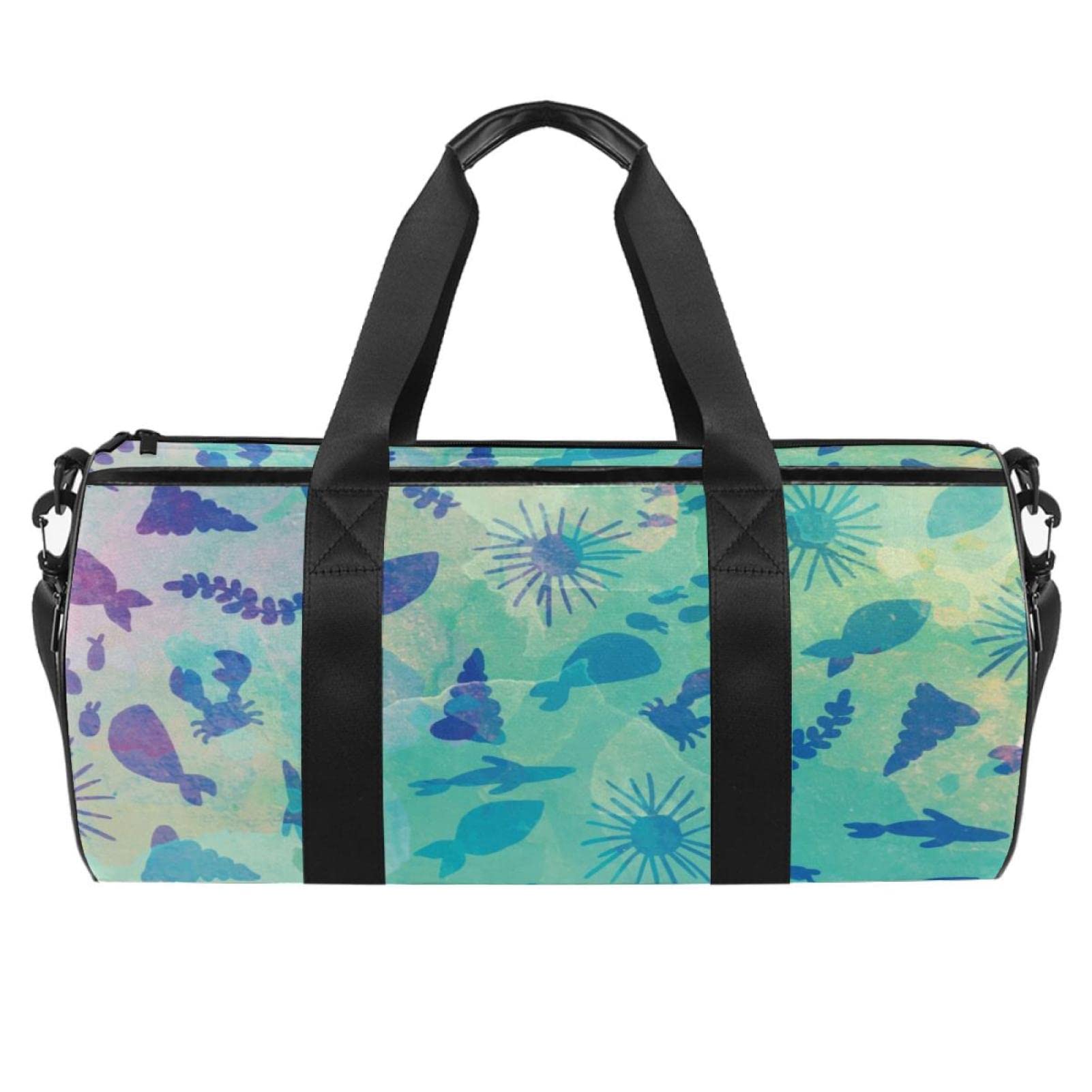 Blue Watercolor Fish & Seaweed Gym Duffel Bag - Sports Travel Shoulder Bag, Weekender Handbag for Teens & Adults with Wet Pocket | Perfect for Gym, Beach Trips & Weekend Getaways