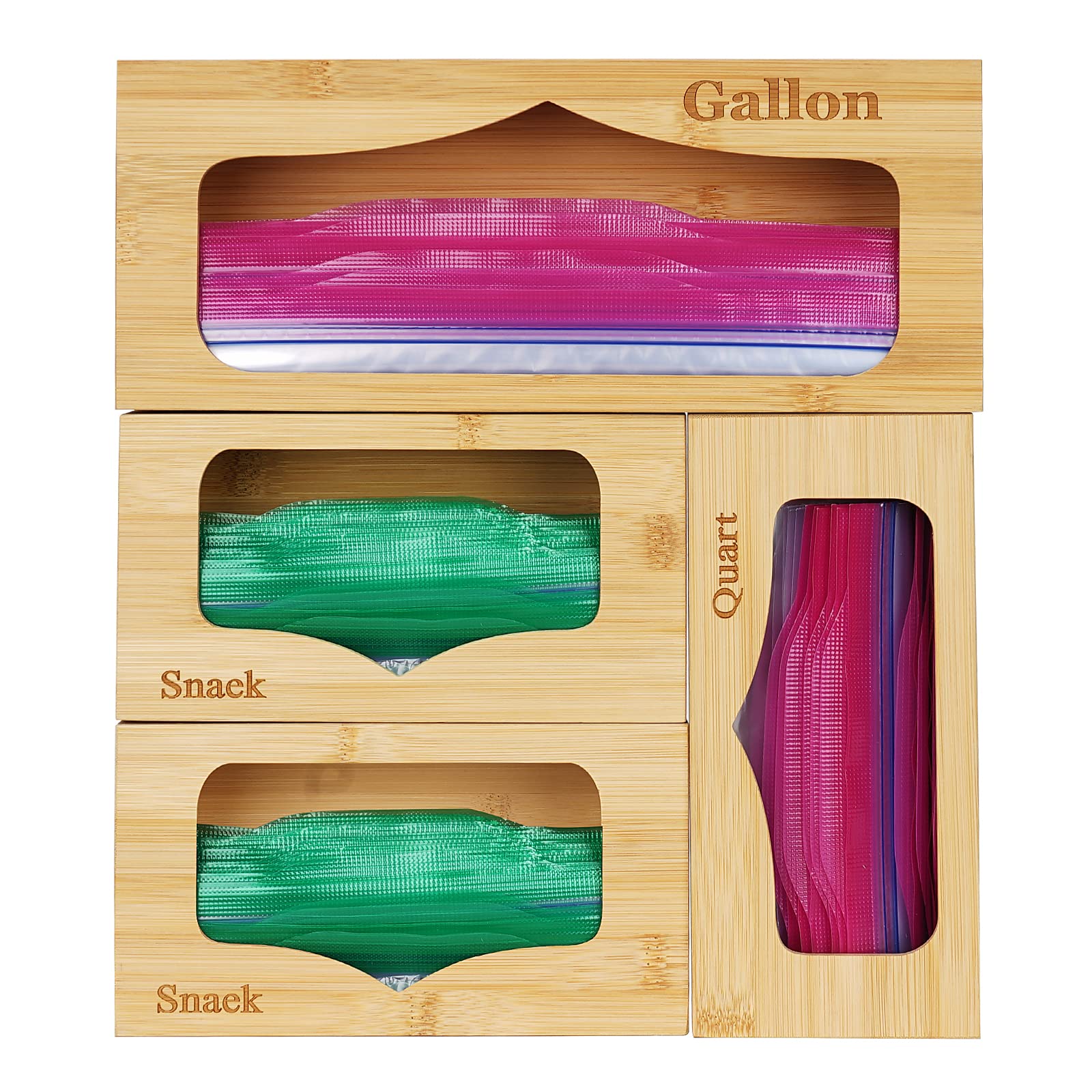 Bamboo Drawer Organizer for Ziploc Bags - Plastic Bag Storage Box for Gallon, Quart & Snack Sizes - Kitchen Food Storage Bag Holder & Sandwich Bag Dispenser - Perfect for Pantry, Fridge & Countertop Organization