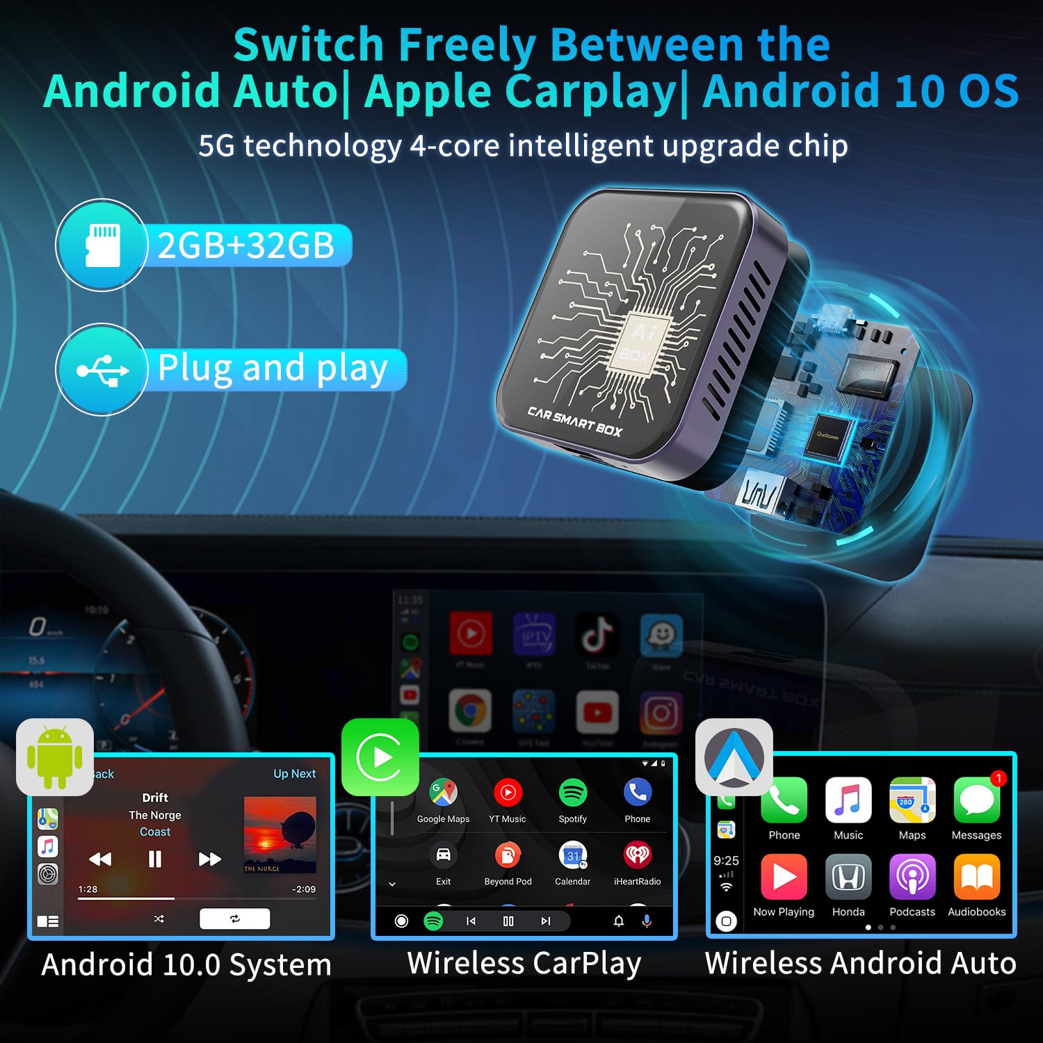 2024 Wireless CarPlay & Android Auto AI Box - FFQQI Magic Box with Netflix & YouTube Support, 2+32GB, Plug & Play for OEM Wired Cars (Deep Gray) | Enjoy Streaming & Navigation in Your Vehicle