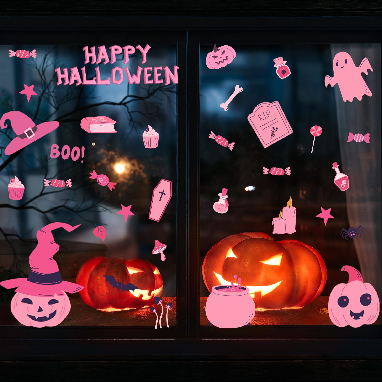 9 Sheets Halloween Window Clings - Pink Pumpkin, Bat, Skull, Boo Cat & Spider Web Ghost Stickers | Double-Sided Glass Decals for Halloween Party & Home Decor | Perfect for Windows, Doors & Mirrors