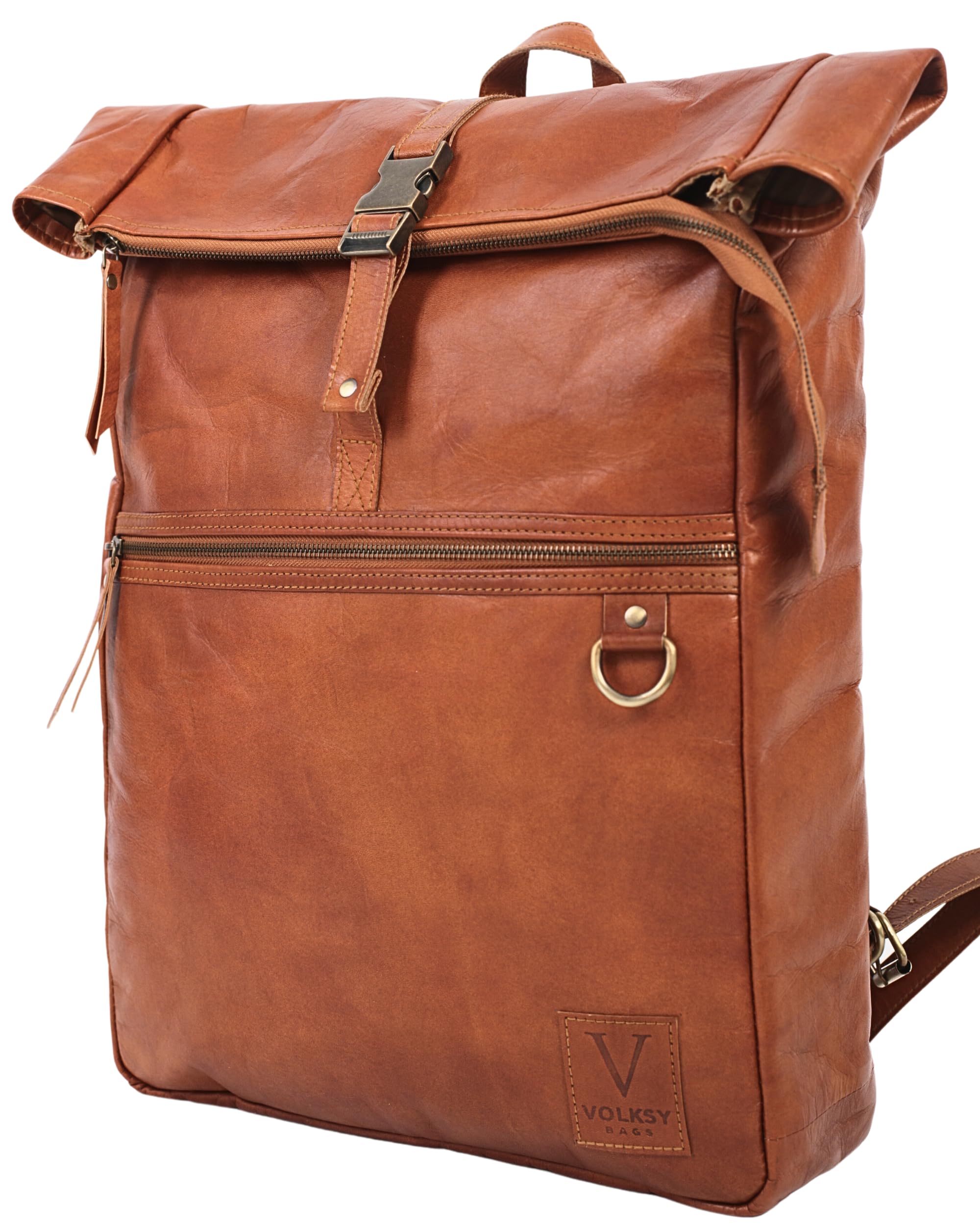 Genuine Leather Backpack for Men - Large Roll Top Vintage Rucksack with 17.3 Inch Laptop Compartment | Waterproof Travel Backpack for College, Work & Business Trips (Brown, X-Large) - Perfect for Daily Commute, Outdoor Adventures and Office Use