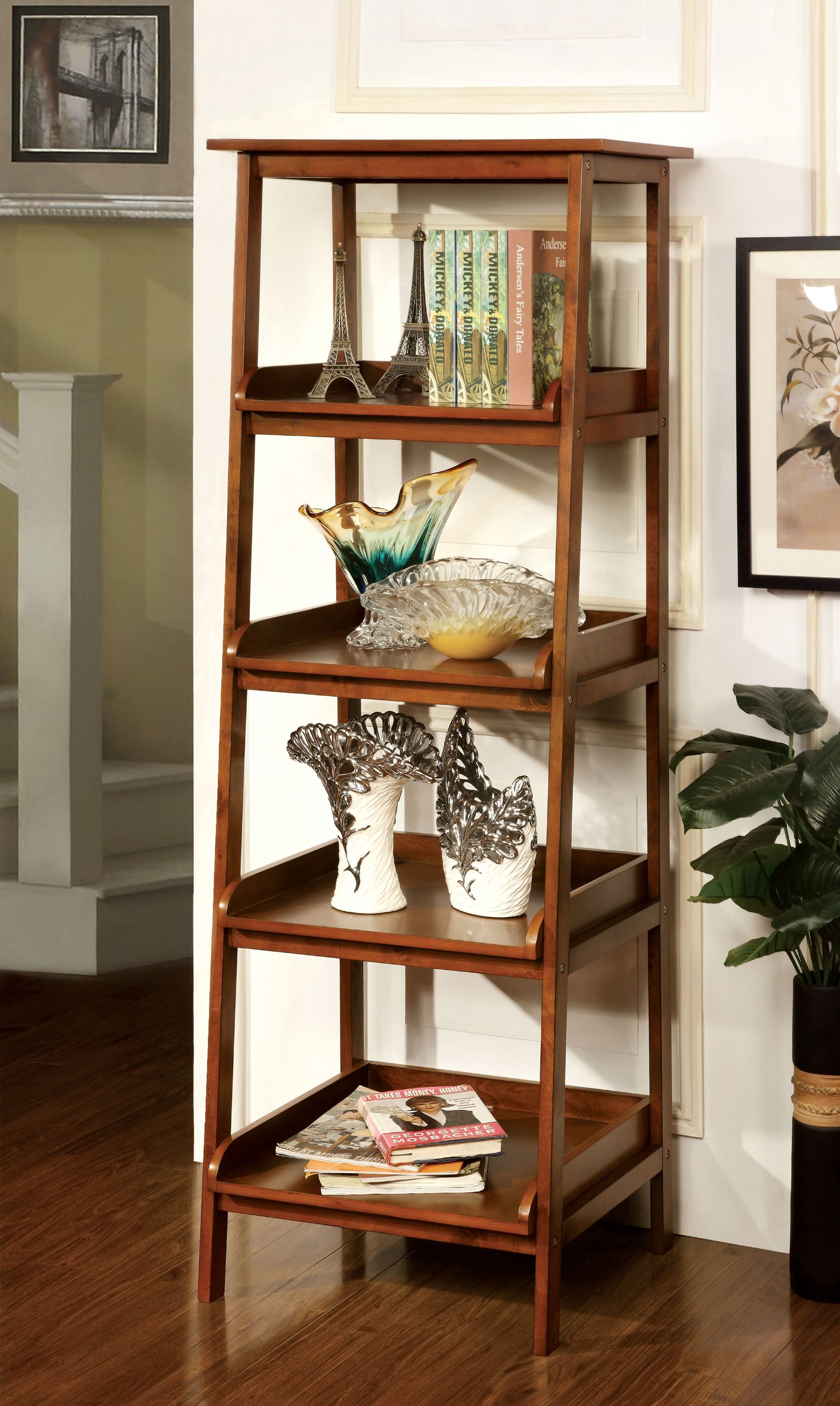 Furniture of America Jarga 4-Tier Wooden Display Shelf - Antique Oak Finish for Living Room, Bedroom & Office Storage Organization