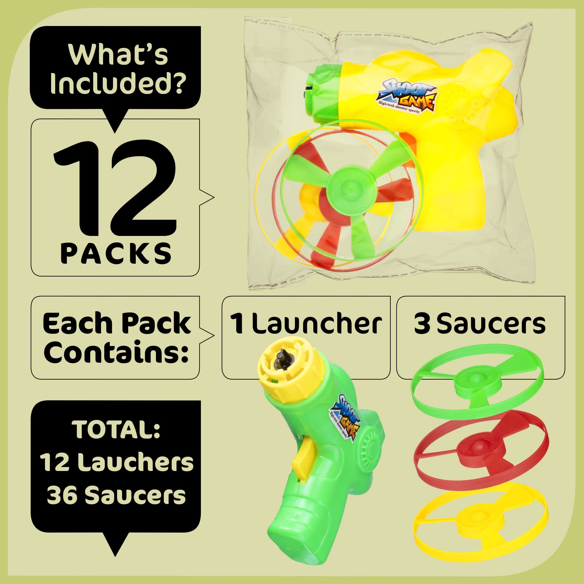 12 Pack Flying Disc Shooters for Kids & Cats - Interactive Spinning Toy, Flying Saucer Launcher for Indoor & Outdoor Play - Fun Frisbee Party Favors & Cat Fetch Toys - Perfect for Backyard Games, Birthday Parties & Pet Playtime