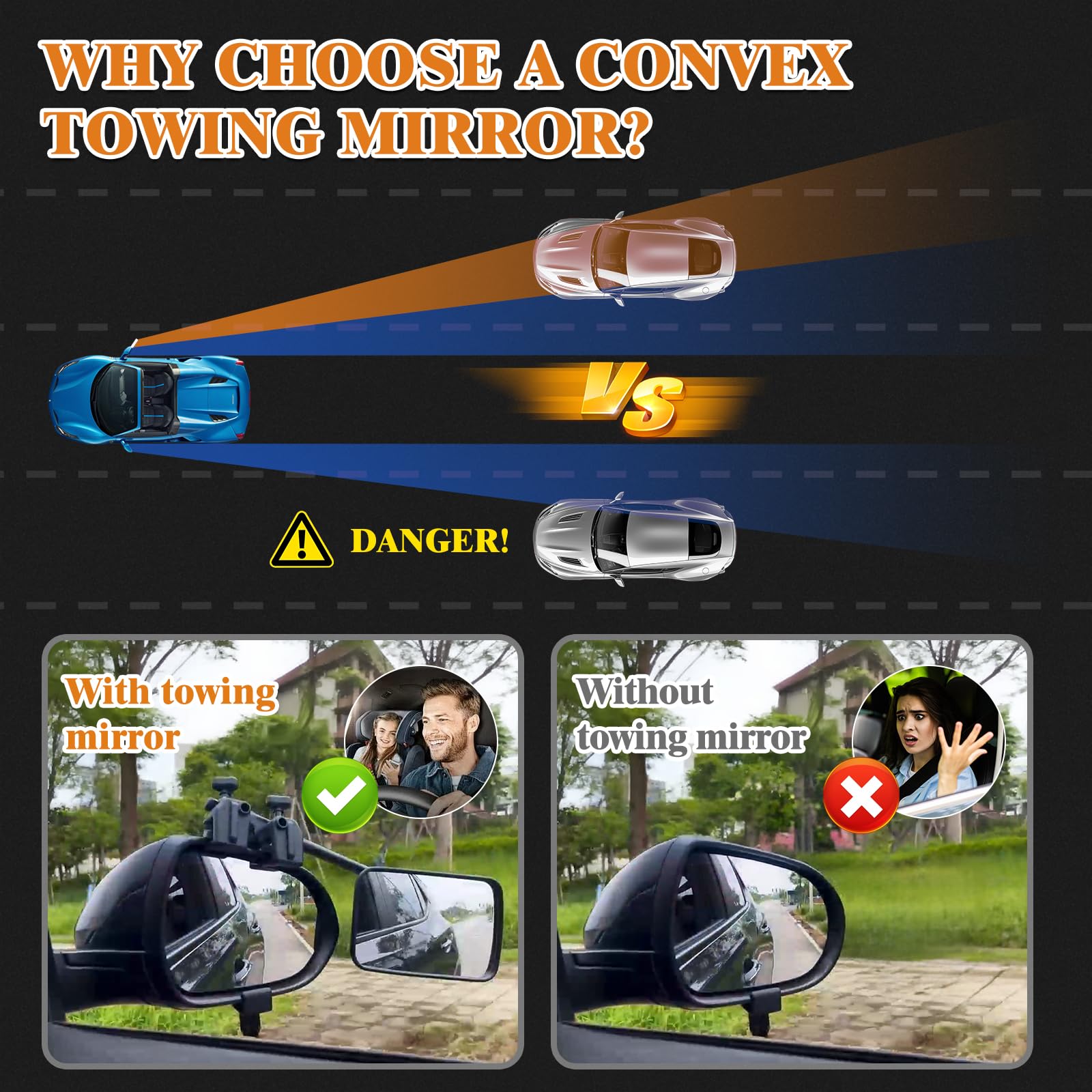 Universal Clip-On Towing Mirror Extenders for Trucks, Trailers & RVs - Convex Rearview Side Mirror Extensions for Safe Towing & Enhanced Visibility - Perfect for Hauling, Camping & Long-Distance Driving