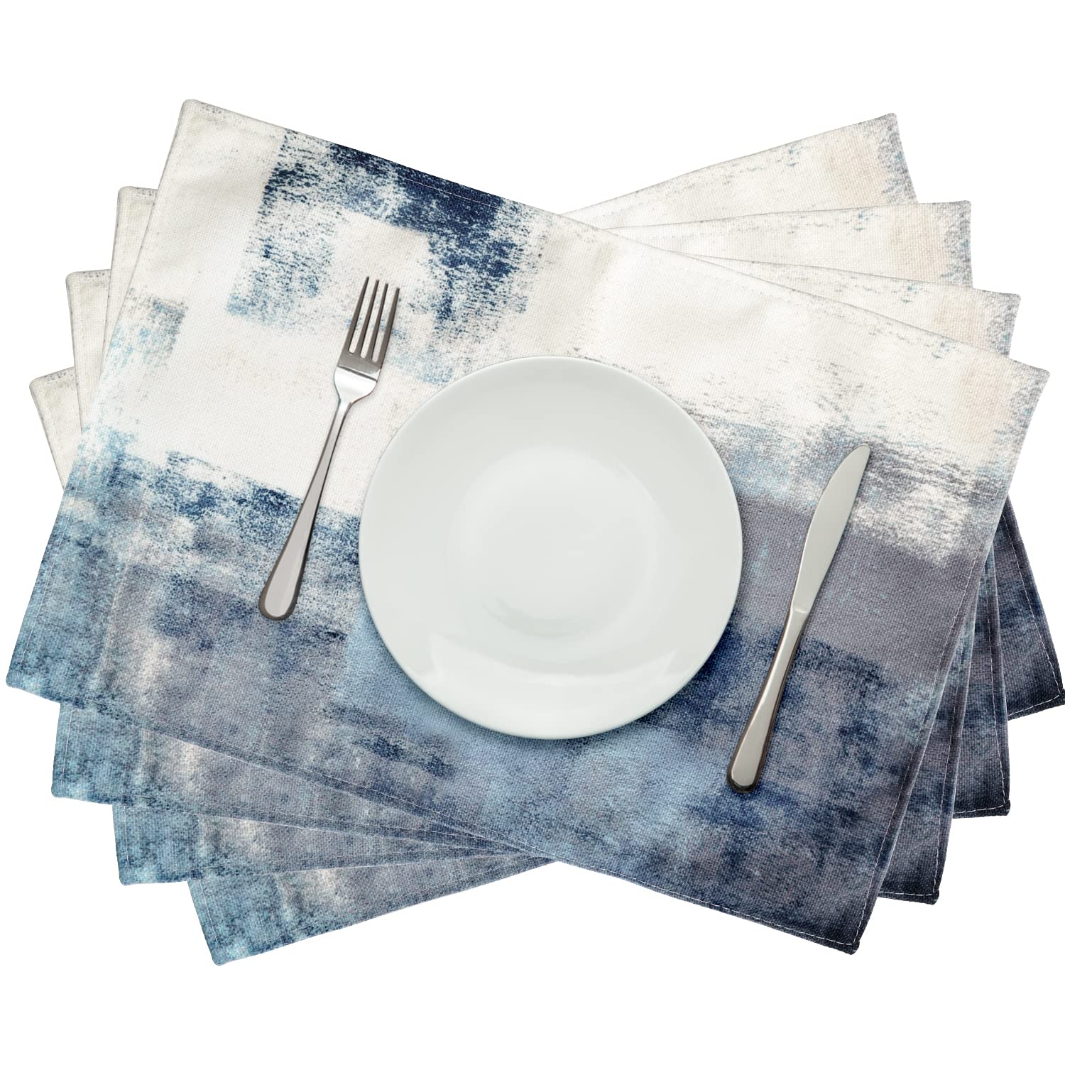 Blue Abstract White and Grey Modern Art Placemats Set of 4 - Heat Resistant Non-Slip Dining Mats for Kitchen & Table Decor - Washable 18x12 Inch Placemats for Home, Restaurant, and Party Use