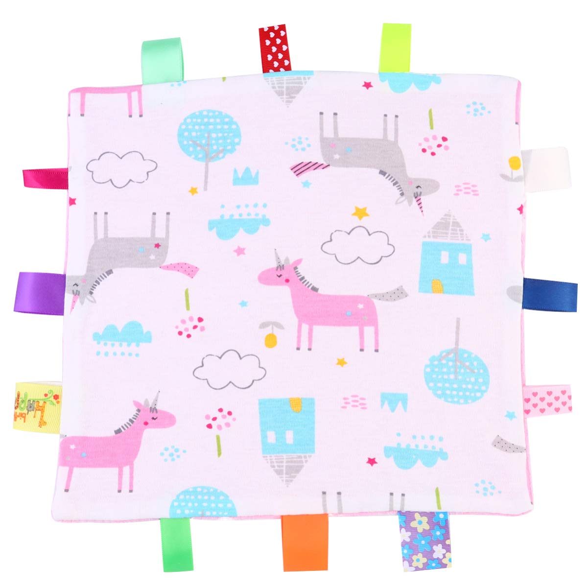 TOYANDONA Baby Taglet Security Blanket - Super Soft Cotton Taggies Blanket with Colorful Tags | Comforting Baby Blanket for Newborns | Perfect Baby Shower Gift (Circle) | Ideal for Soothing, Napping & Sensory Play
