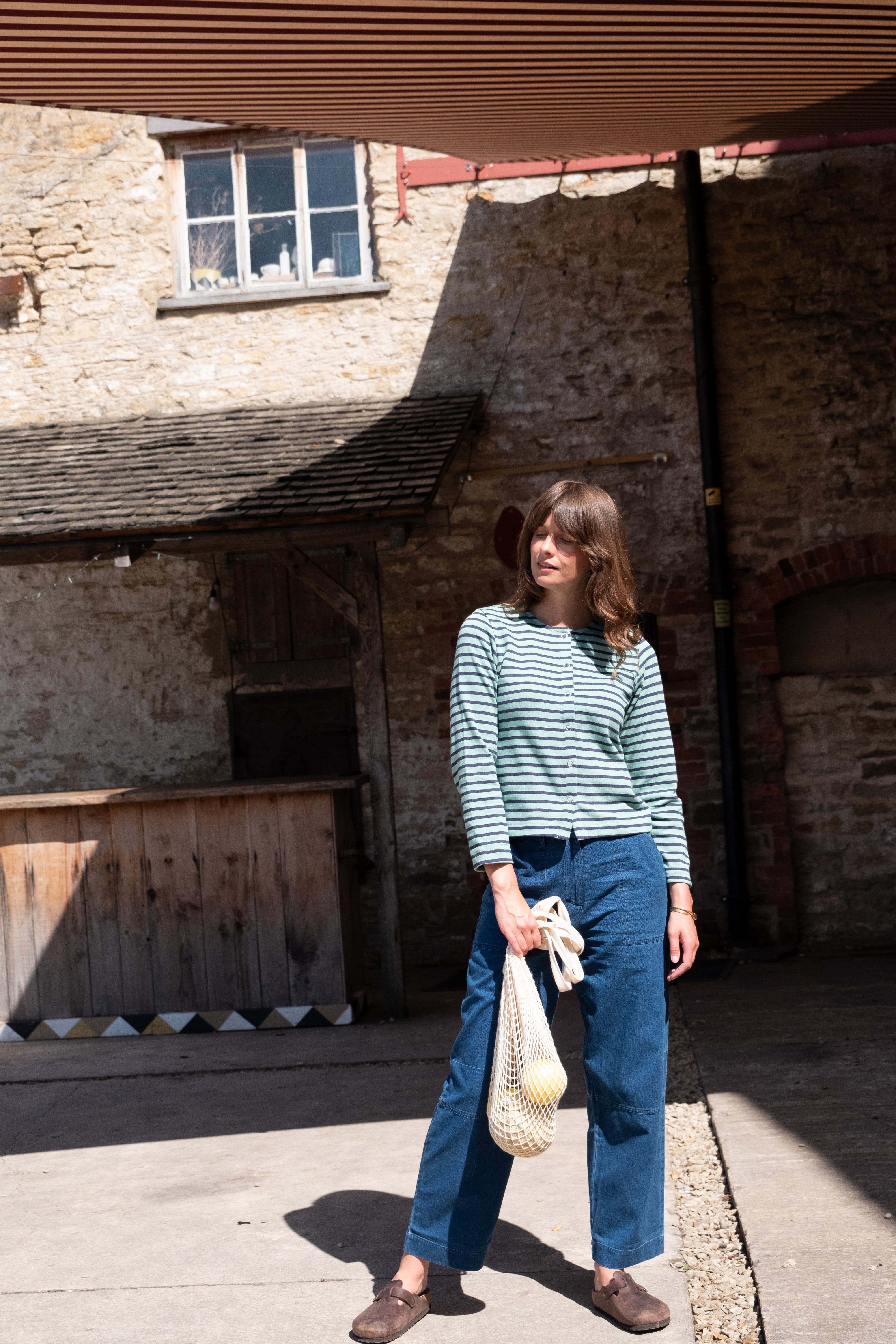 Women's Cotton Jersey Cardigan - Soft Long Sleeve Open Front Sweater in Duck Egg & Indigo Stripes | Perfect for Office Wear, Casual Outfits and Layering in Fall & Winter