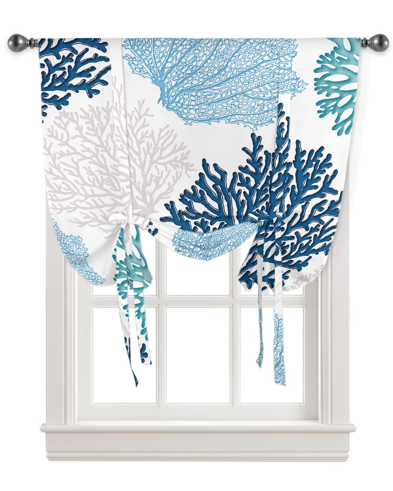 Tie Up Curtains for Windows - Blue White Geometric Abstract Design with Adjustable Rod Pocket, 42x54 Inch Balloon Window Shades for Bathroom & Kitchen | Perfect for Coastal Decor, Summer Beach House, and Marine-Themed Rooms