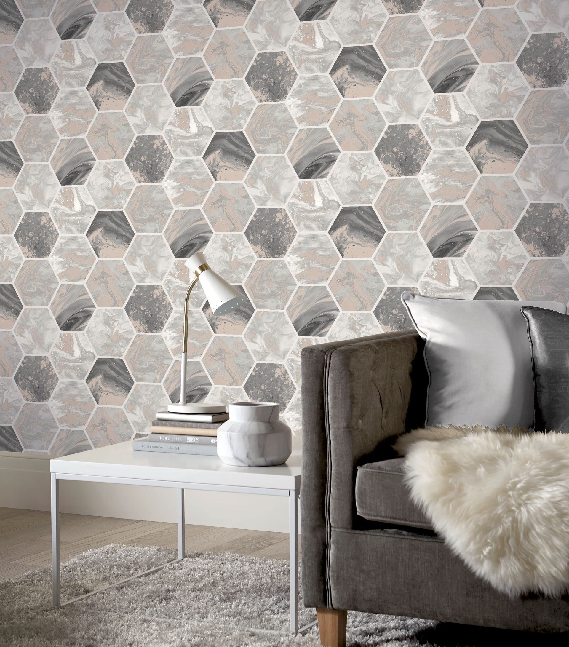 Arthouse Marbled Hex Charcoal and Rose Gold Peel and Stick Wallpaper - Self Adhesive Removable Wallpaper for Bedroom, Living Room, Kitchen, Bathroom, Office Decor