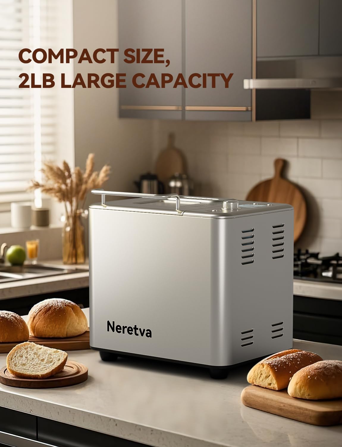 **Neretva 20-in-1 Compact Bread Maker with Dual Heater & 2LB Nonstick Ceramic Pan – Gluten-Free, Dough, French Bread, Yogurt, Jam, Meat Floss – Perfect for Small Kitchens & Healthy Homemade Baking**    *(Use Cases: Ideal for gluten-free diets, busy families, homemade yogurt, artisan bread, and small kitchen spaces.)*
