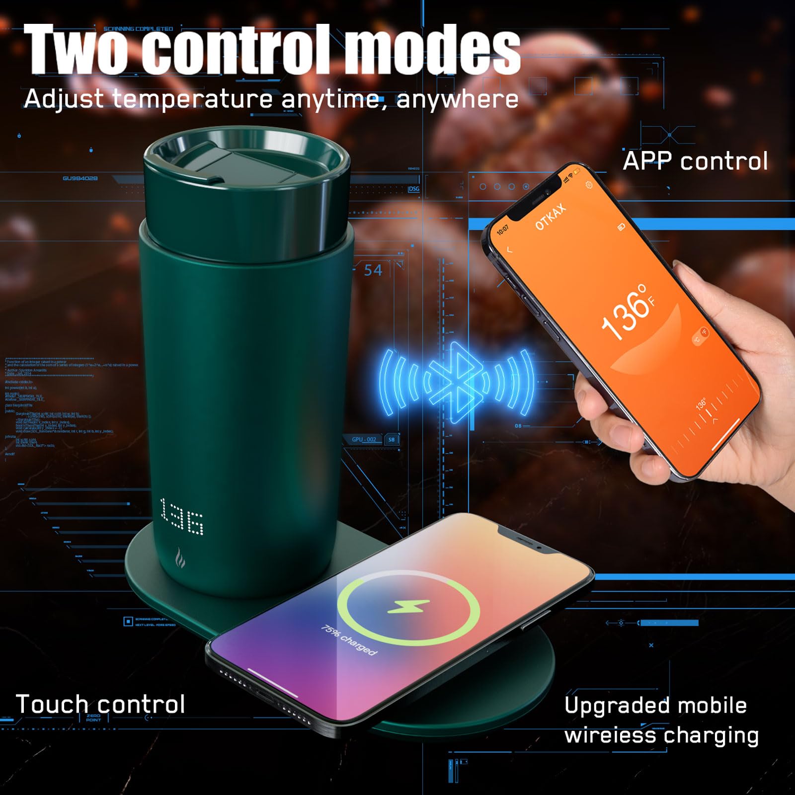 Smart Self-Heating Travel Coffee Mug - 12oz Temperature Control, App-Controlled Warmer with LED Display (4-10 Hours) | Fast Wireless Charging Base | Keeps Coffee Hot All Day | Perfect for Office, Commuting & Outdoor Use | Jade Green