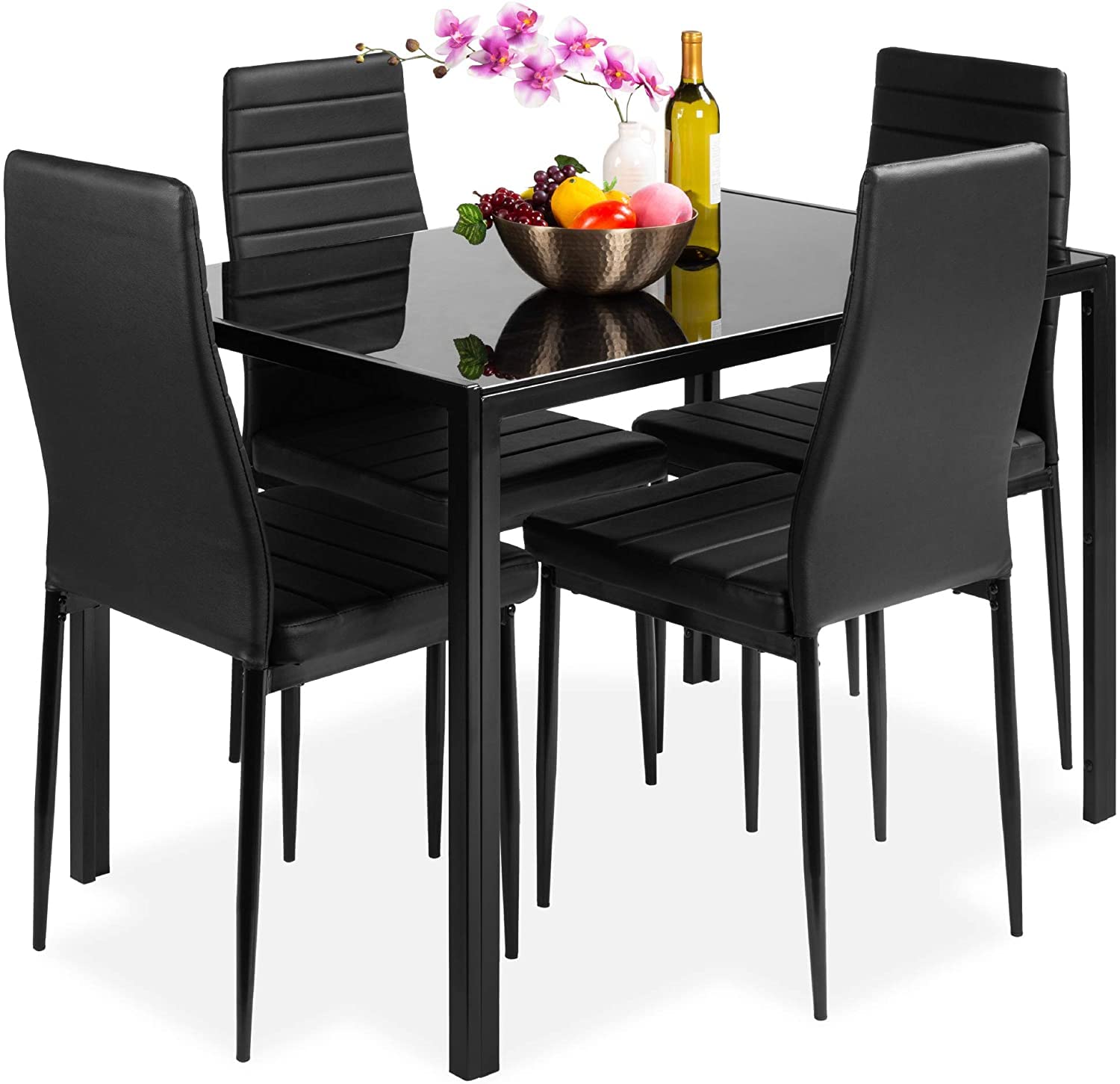 Modern 4-Piece Glass Top Dining Table Set with Faux Leather Chairs - Space-Saving Kitchen Table for Small Spaces, Perfect for Breakfast Nook, Apartment Dining Room & Cozy Family Meals