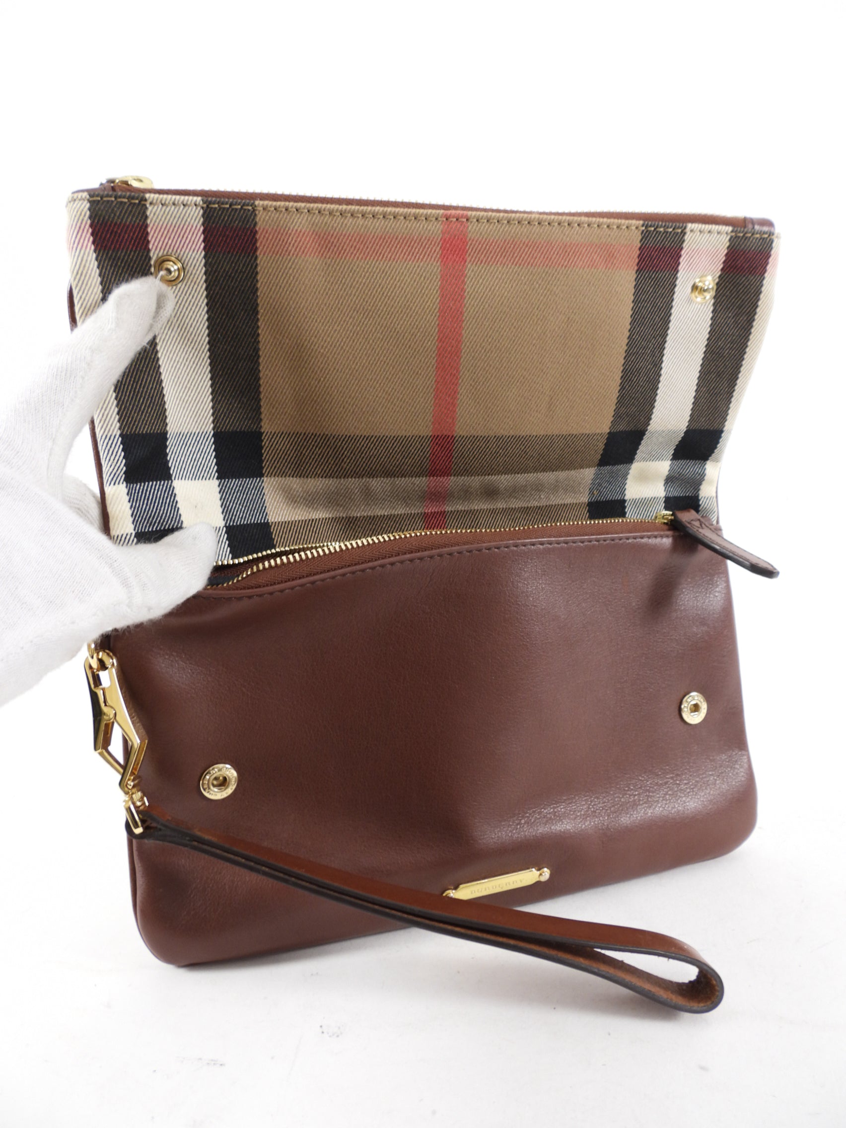 Burberry Brown Fold Over Check Wristlet Clutch Bag | Luxury Designer Crossbody Purse for Women | Perfect for Evening Parties, Date Nights & Special Occasions