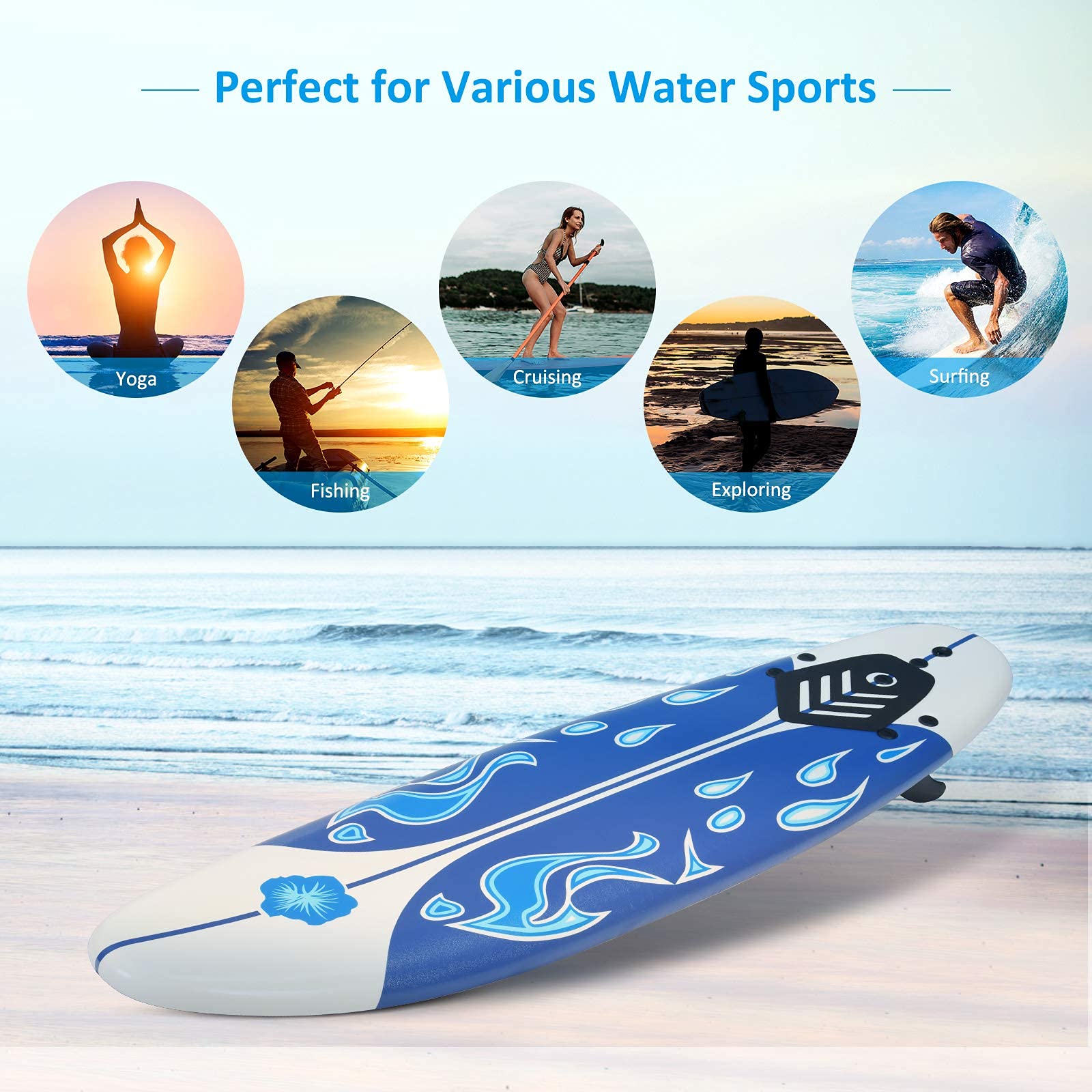 **RIVALLYCOOL 6FT Inflatable Surfboard - Lightweight Longboard with Removable Fins & Safety Leash, Non-Slip Paddle Board for Beginners to Advanced Surfers (White) - Perfect for Beach, Wave Riding & Water Sports**