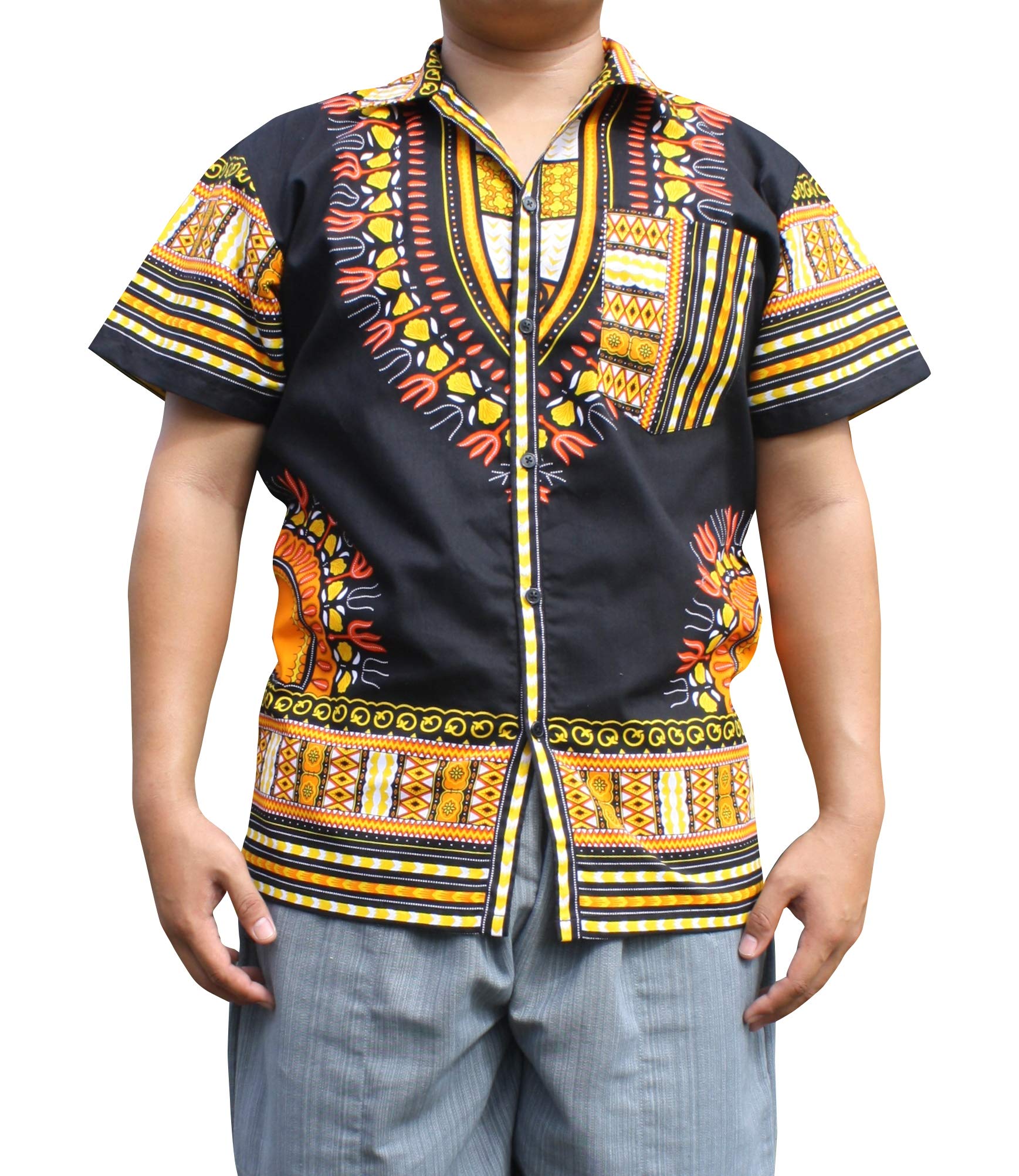 Authentic African Dashiki Artwork Pure Cotton Hawaiian Shirt - Large Collar for Men | Beach Vacation, Summer Party & Casual Wear