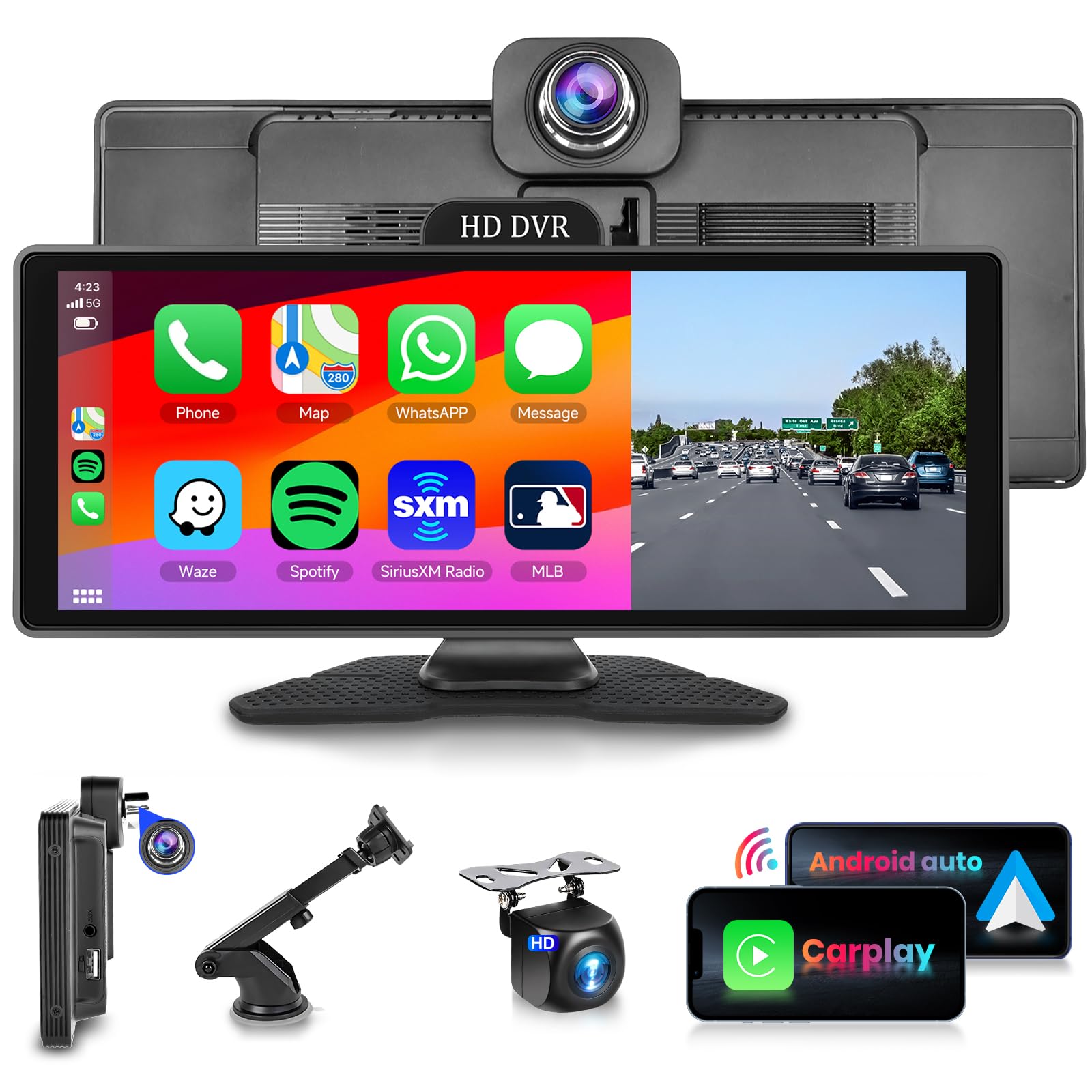 10.26 Inch Wireless CarPlay & Android Auto Screen for Car - HD IPS Touchscreen with Built-in Dash Cam & Rear Backup Camera, Dual Bluetooth, GPS, AUX, 64GB TF Card - Perfect for Safer Driving & Hands-Free Navigation