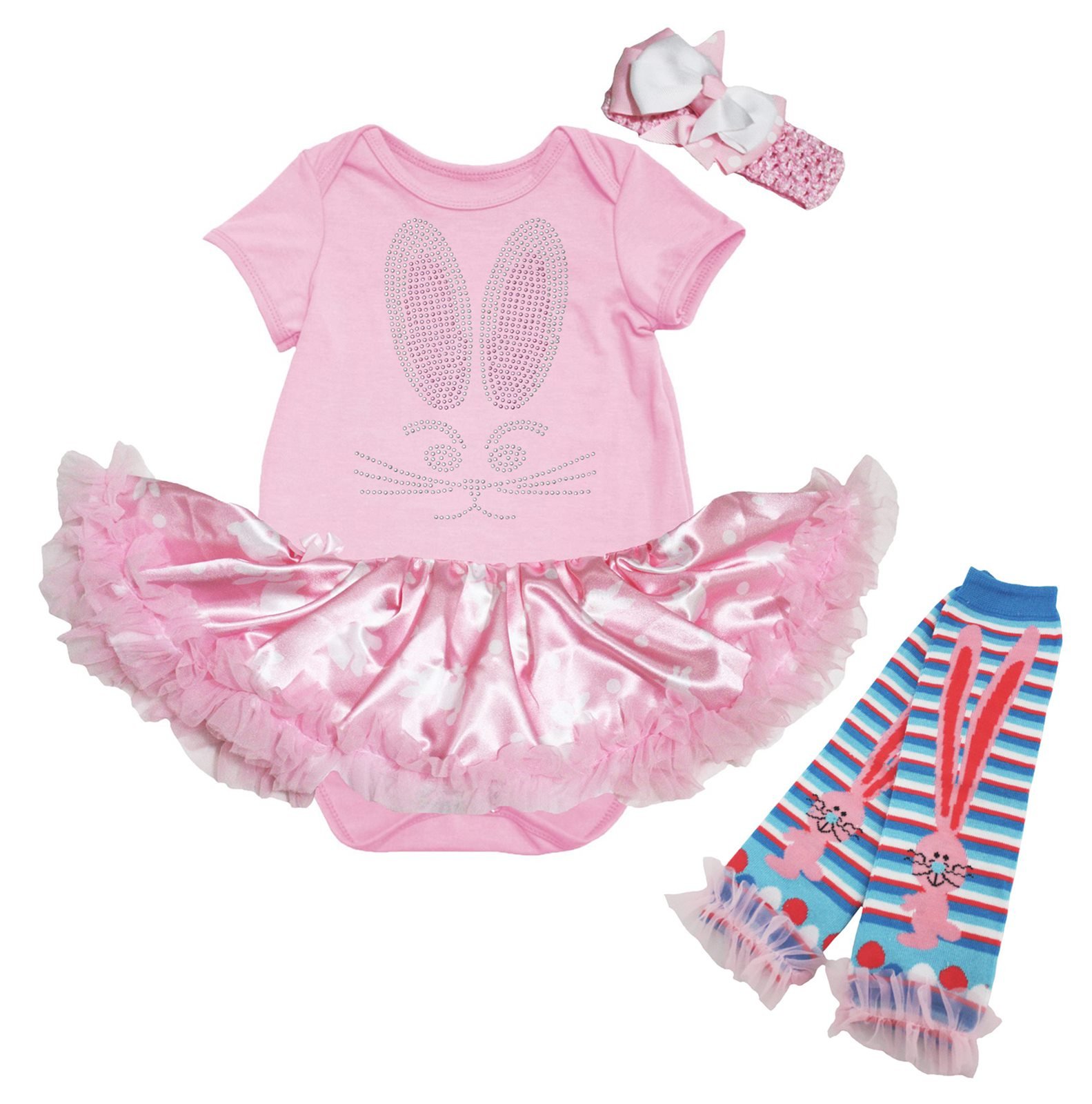Easter Baby Girl Dress - Sparkling Rabbit Bodysuit with Pink Bunny Satin Tutu & Leg Warmers for Newborn to 18 Months | Perfect for Easter Photos, Spring Celebrations & Baby Showers