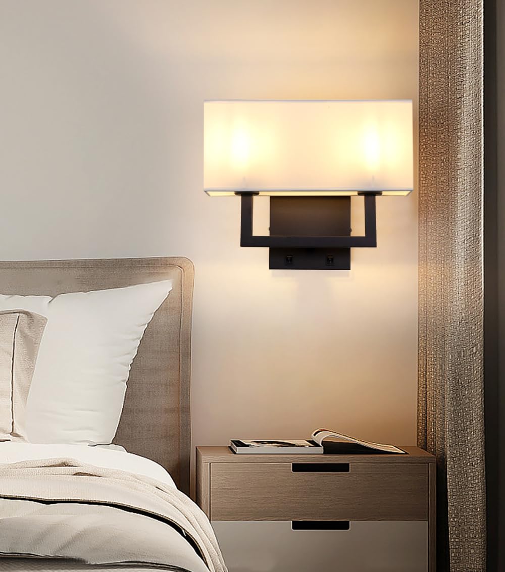 Yosoan Set of 2 Modern Boho Brass Wall Sconces with On/Off Switch - Vintage Industrial 2-Light Vanity Fixtures with White Fabric Shades for Bedroom, Living Room, Hallway & Reading Nook (Black) - Perfect for Ambient Lighting and Cozy Reading Spaces