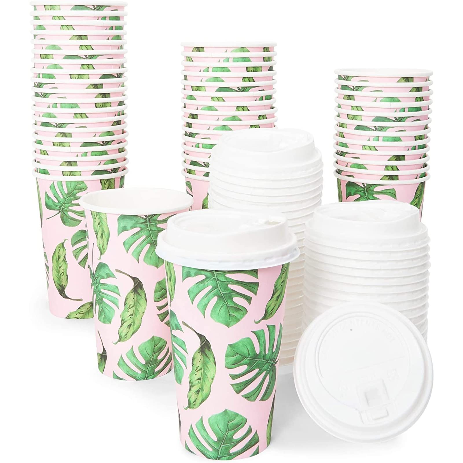BLUE PANDA Disposable 16 oz Coffee Cups with Lids - 48-Pack Paper To-Go Cups for Coffee, Tea & Hot Beverages - Tropical Design for Birthday Parties, Weddings, Baby Showers & Office Events