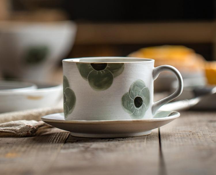 Handmade Rustic Pottery Coffee Cup and Saucer Set - Spring Floral Cappuccino Tea Mug for Home, Cafe & Gift Use