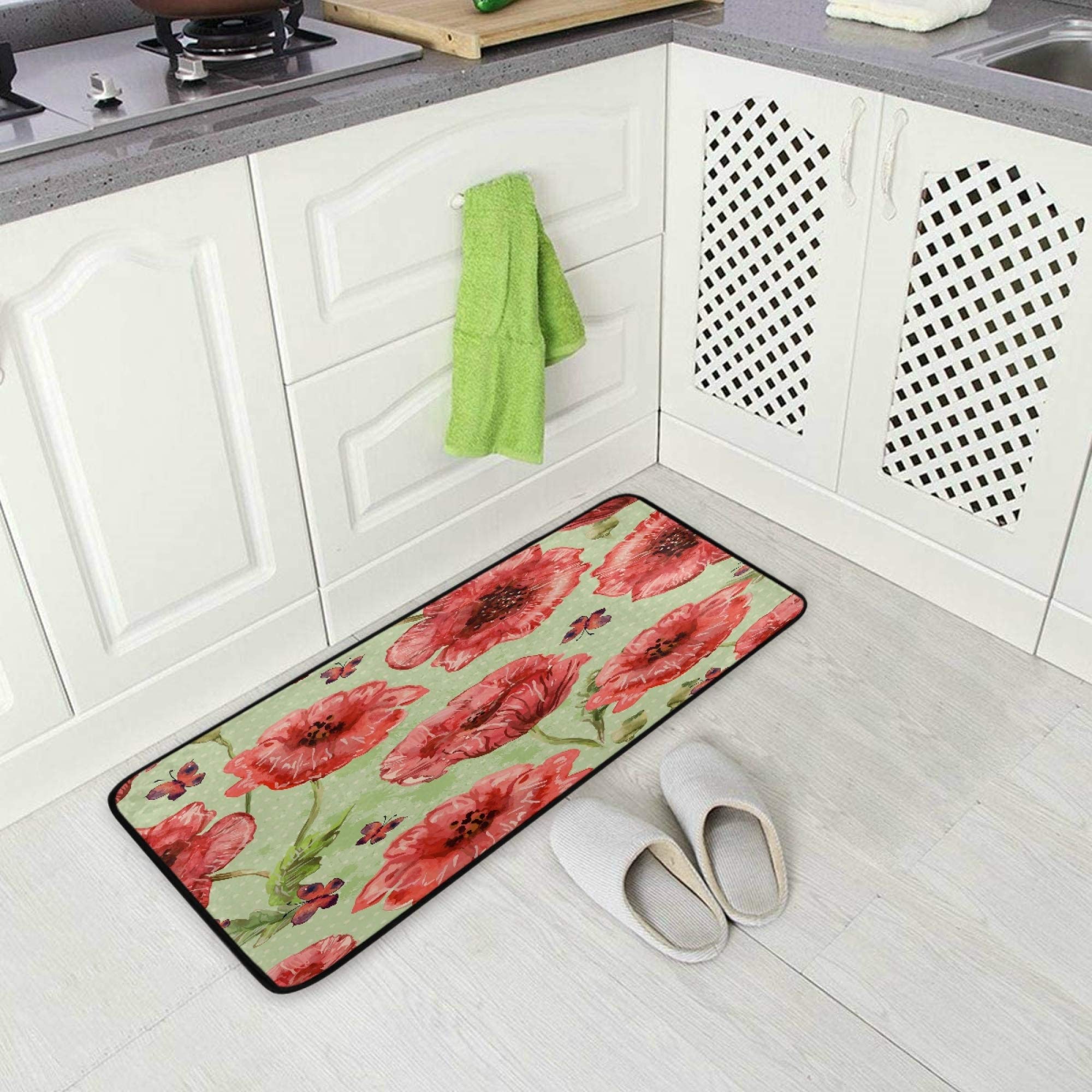 **Non-Slip Spring Wildflowers Kitchen Rug - Poppies & Butterfly Design, 39