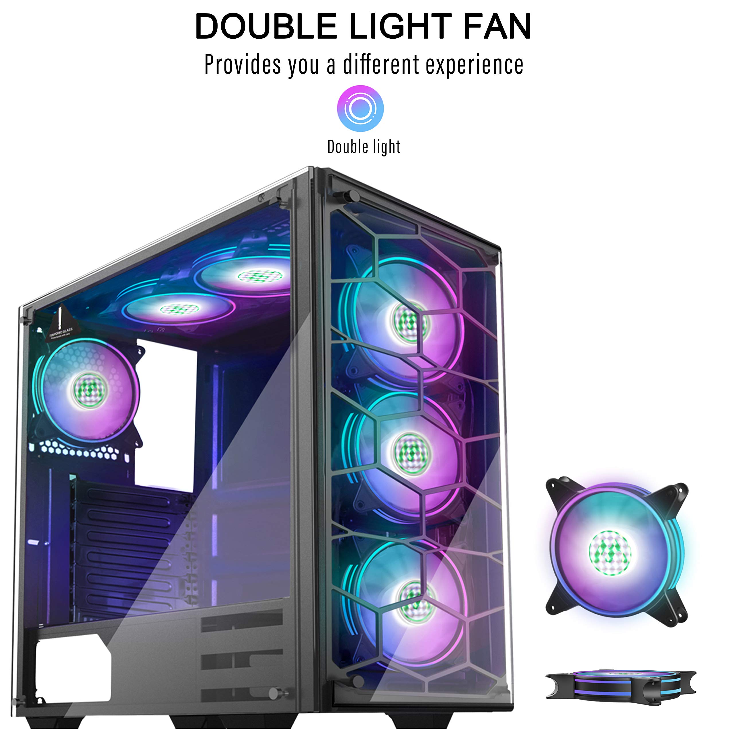 MUSETEX Phantom Black ATX Mid Tower Gaming PC Case - USB 3.0 Ports, Tempered Glass Side Panel, 6x 120mm RGB Fans Pre-Installed (Model 907D6) - Perfect for High-Performance Gaming Rigs & Custom PC Builds