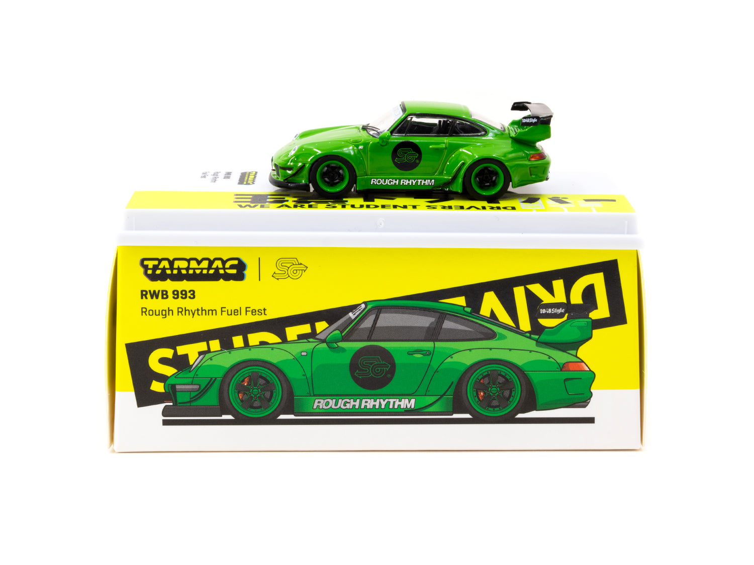 Tarmac Works 1/64 RWB 993 Rough Rhythm Fuel Fest Student Driver Diecast Model Car - Collectible Hobby 64 Scale for Display & Racing Enthusiasts