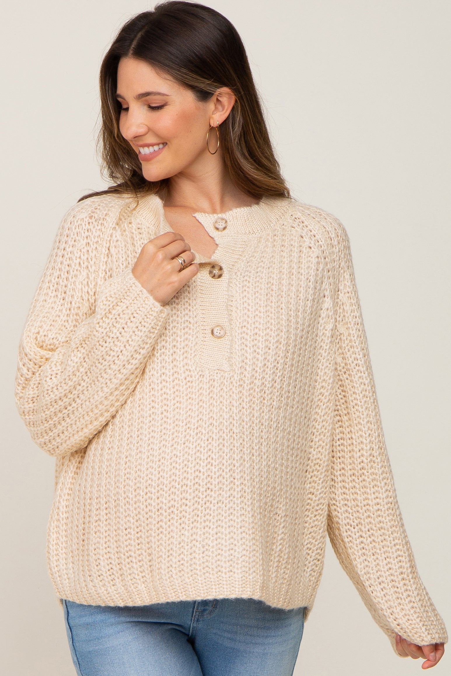 Beige Open Knit Button Front Maternity Sweater for Women - Soft Comfortable Pregnancy Cardigan for Moms-to-Be - Perfect for Nursing, Casual Wear and Baby Showers