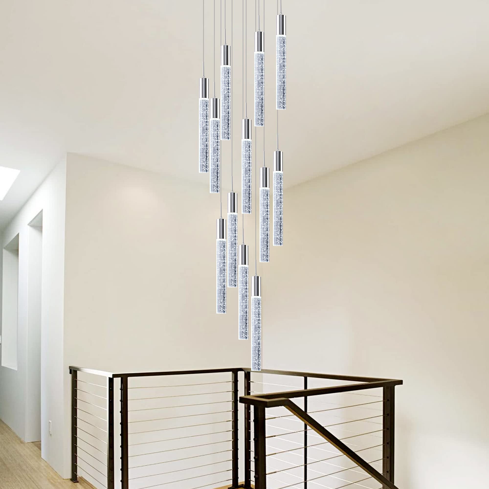 Modern 12-Light Crystal Chandelier for High Ceilings - Large Spiral LED Raindrop Pendant Light with Chrome Finish | Perfect for Foyer, Staircase, Living Room & Dining Room Lighting