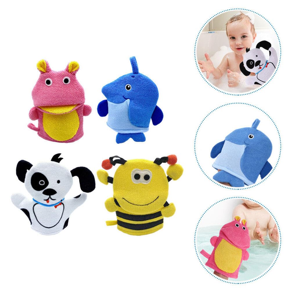 **4-Pack Cartoon Bath Mitts for Kids - Soft Wash Gloves & Body Towels for Toddlers - Portable Shower Mittens for Gentle Cleaning - Perfect for Bath Time, Baby Care & Sensitive Skin**    *(Ideal for Gentle Bathing, Baby Hygiene, Sensitive Skin Care & Fun Shower Time for Toddlers)*