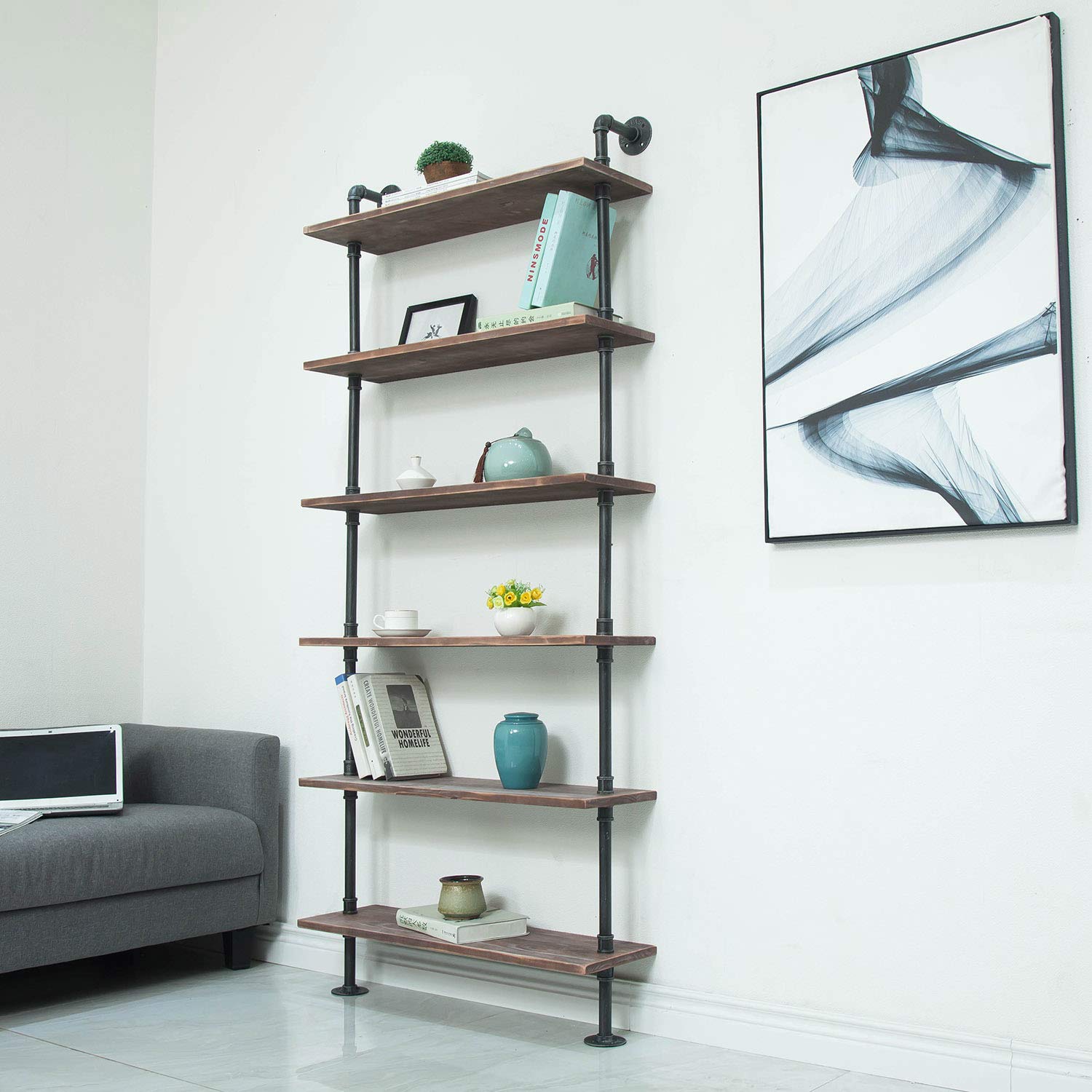 Industrial Pipe Shelves - Rustic Wood Ladder Bookshelf Wall Mounted Shelf for Living Room Decor & Storage (32in, 6 Layers) - Perfect for Home Office, Bedroom, and Kitchen Organization