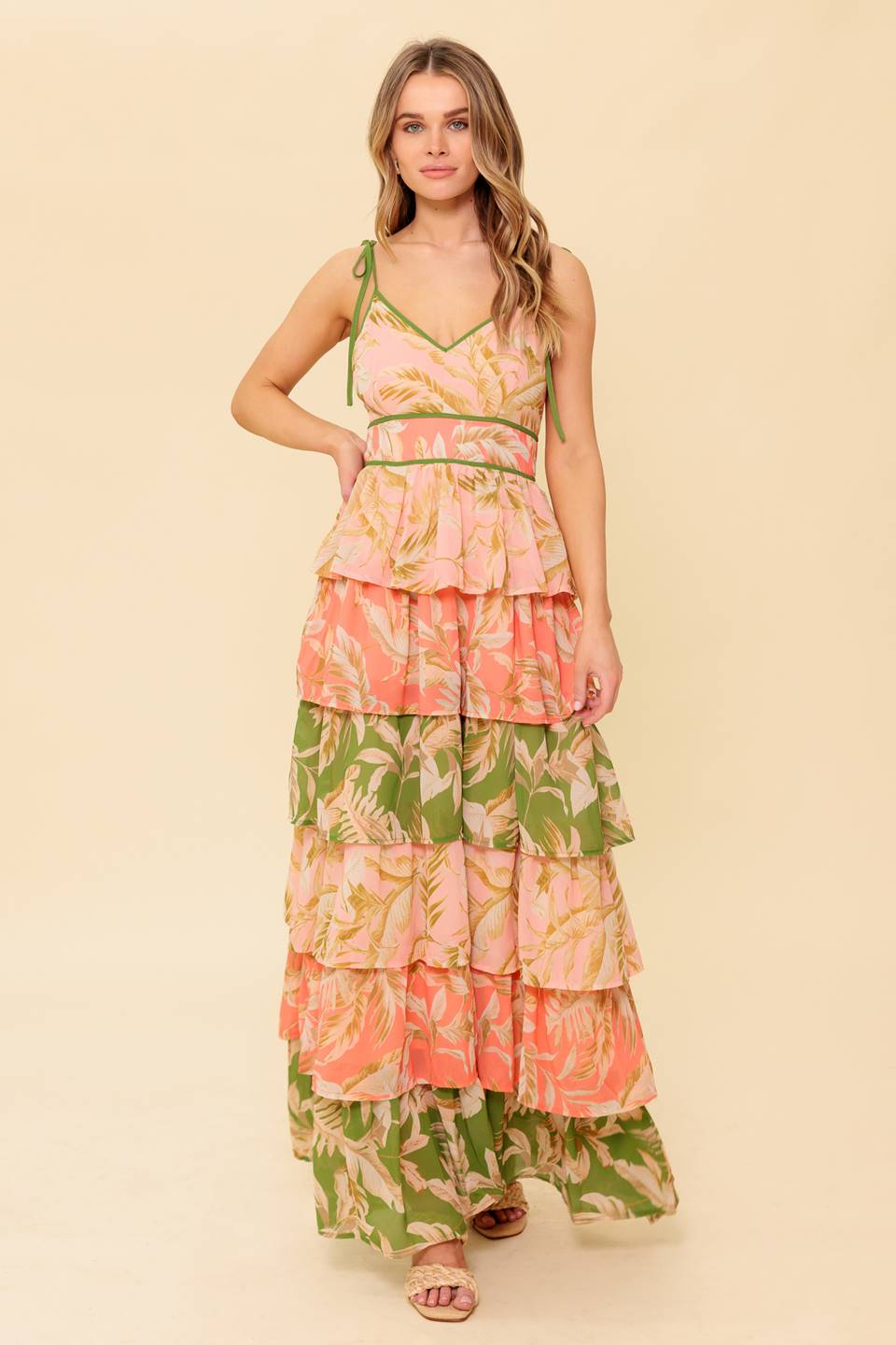 FEELS LIKE HOME TIERED MAXI DRESS in Peach & Green - Perfect for Summer Vacations, Beach Weddings & Boho Chic Outfits