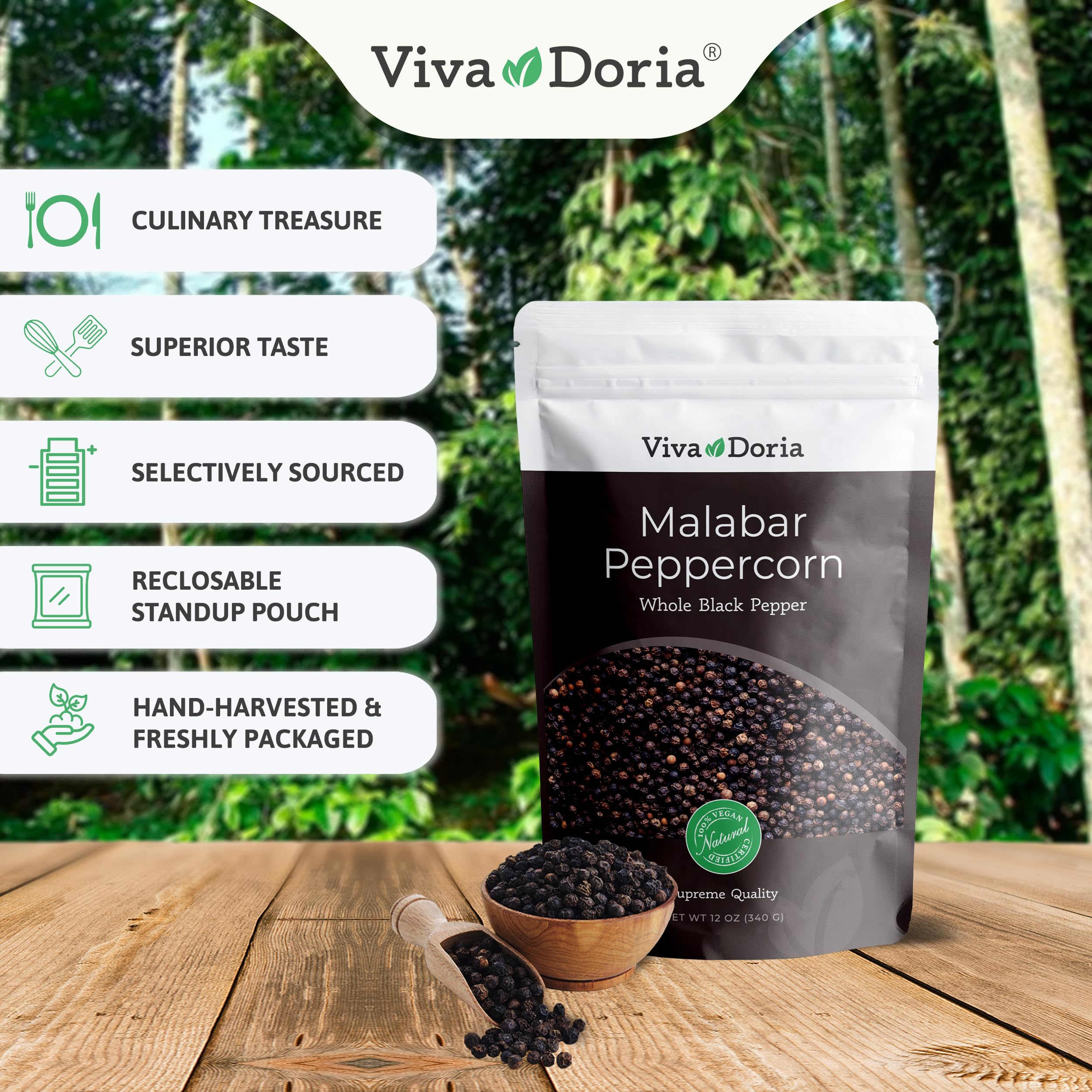 Premium Viva Doria Malabar Whole Black Peppercorns 12oz - Fresh Gourmet Spice for Cooking & Grilling + Stainless Steel Adjustable Salt & Pepper Mill Set - Perfect for Kitchen, Restaurants & Gift Giving