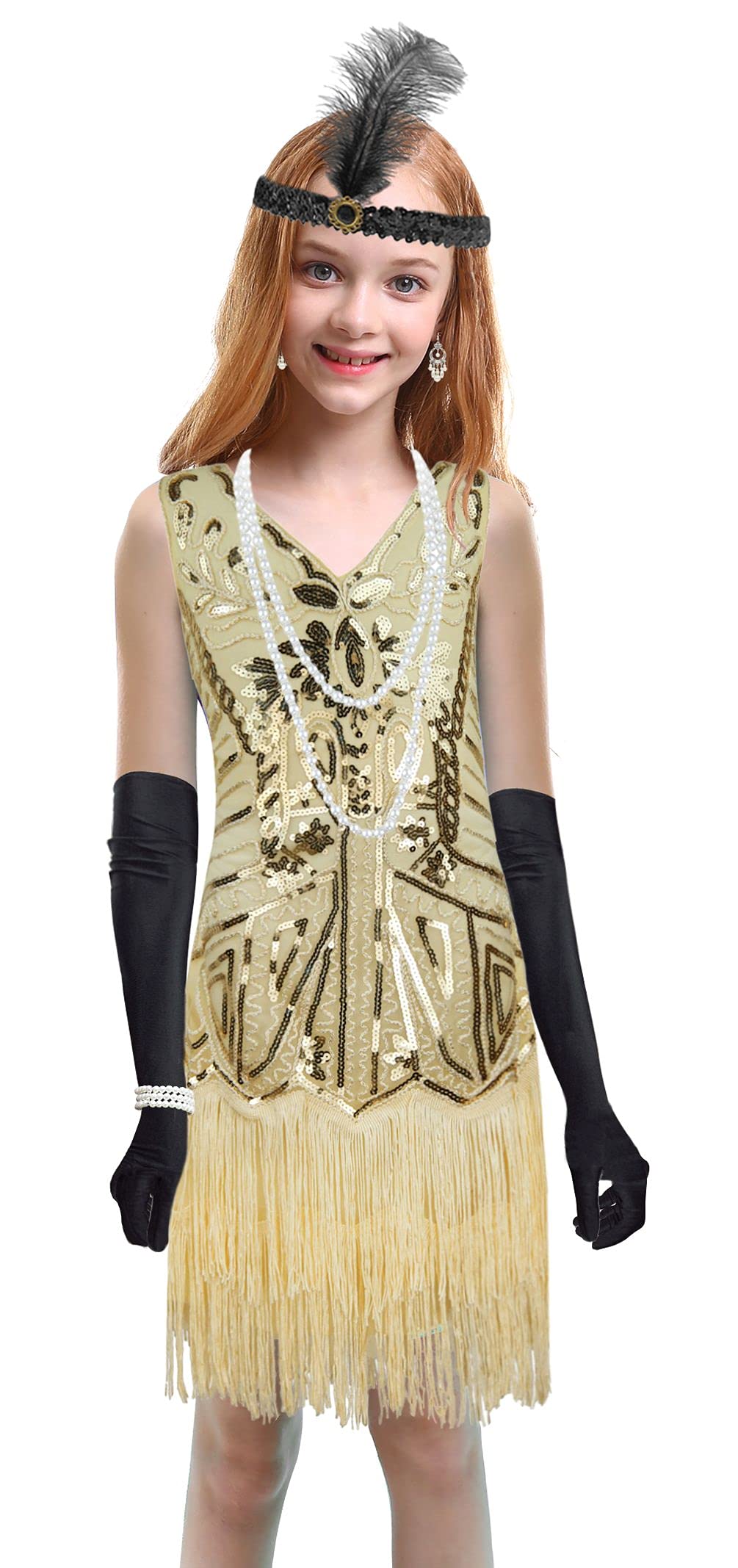1920s Kids Sequined Fringed Chicken Feather Dress - Latin Dance Costume Set for Girls Performance, Party, Halloween & Stage Show