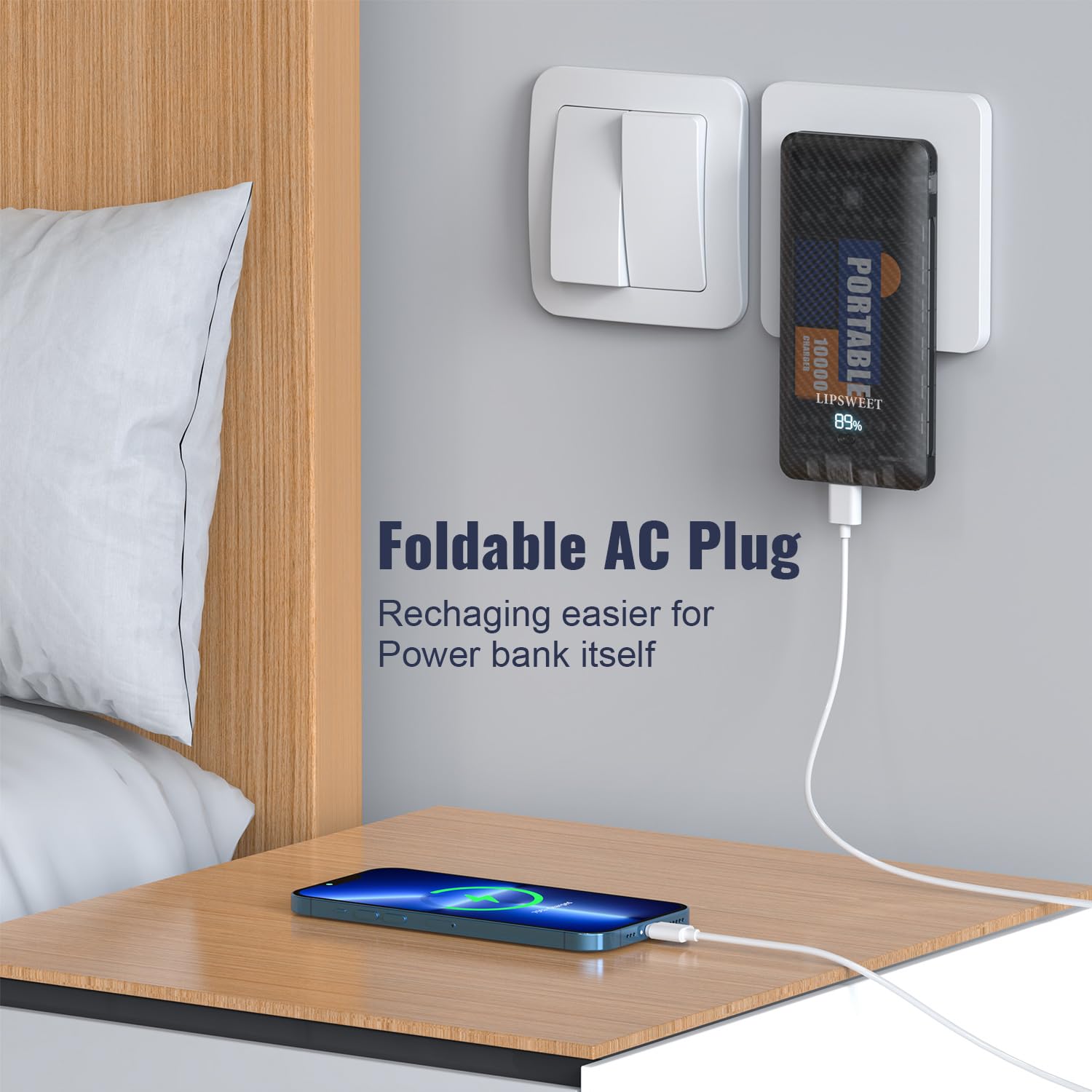 10000mAh Slim Portable Power Bank with 20W USB-C Fast Charging | Built-in AC Plug & 3-in-1 Cables | Compatible with iPhone, Samsung, iPad, Tablets (Black) - Perfect for Travel, Camping, and Emergency Power Backup