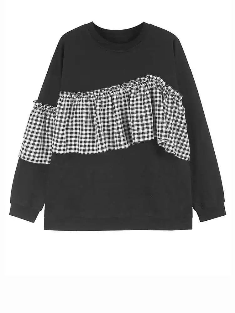 Black Plaid Ruffles Casual Sweatshirt for Women - Round Neck Long Sleeve Oversized Fashion Top - Spring & Autumn 2025 Trendy Loose Fit Blouse (Style 1DH7621) - Perfect for Casual Outings, Coffee Dates and Weekend Errands