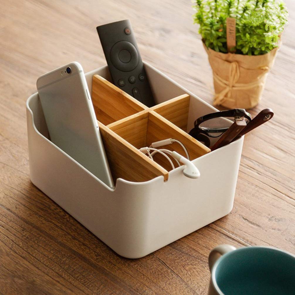 Cabilock Bamboo Cosmetic Storage Organizer - Countertop Makeup Organizer with Magazine Basket, Office Stationery Storage Box - Perfect for Bathroom Vanity, Bedroom Dresser & Desk Organization