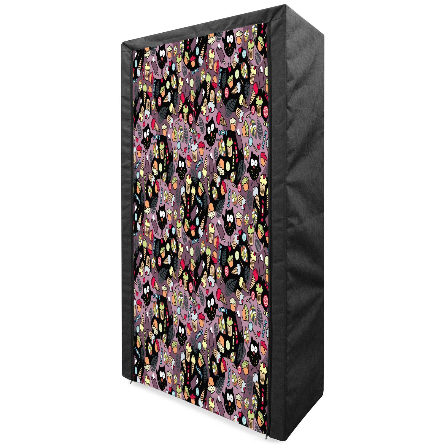 Ambesonne Owls Portable Fabric Wardrobe - Crazy Owl Print with Cupcakes, Ice Cream & Abstract Leaves Design - 33.5